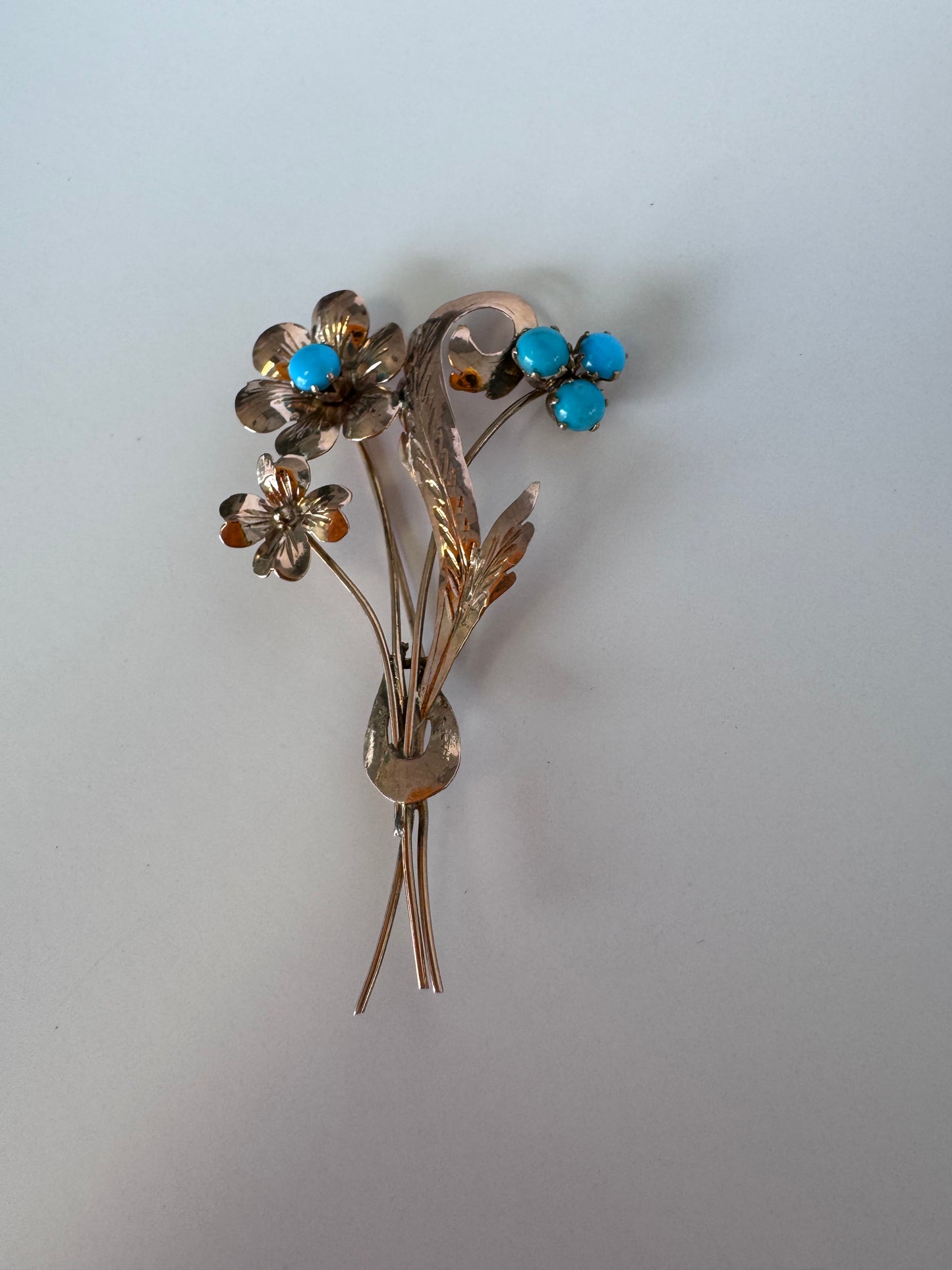 1940s estate rose gold floral brooch with turquoise cabochons, vintage dimensional flower pin jewelry