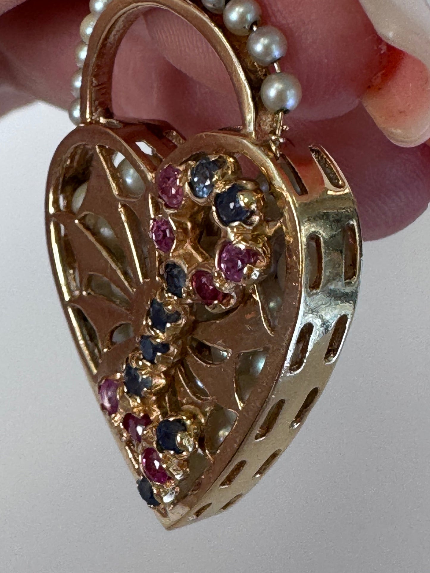 Mid century 14K gold key to my heart charm with rubies sapphires and rattling pearls inside heart lock, vintage charm bracelet piece