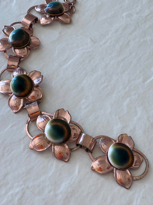 Vintage Rose Gold Filled Operculum Flower Bracelet 7 Inches - Evil Eye Protection