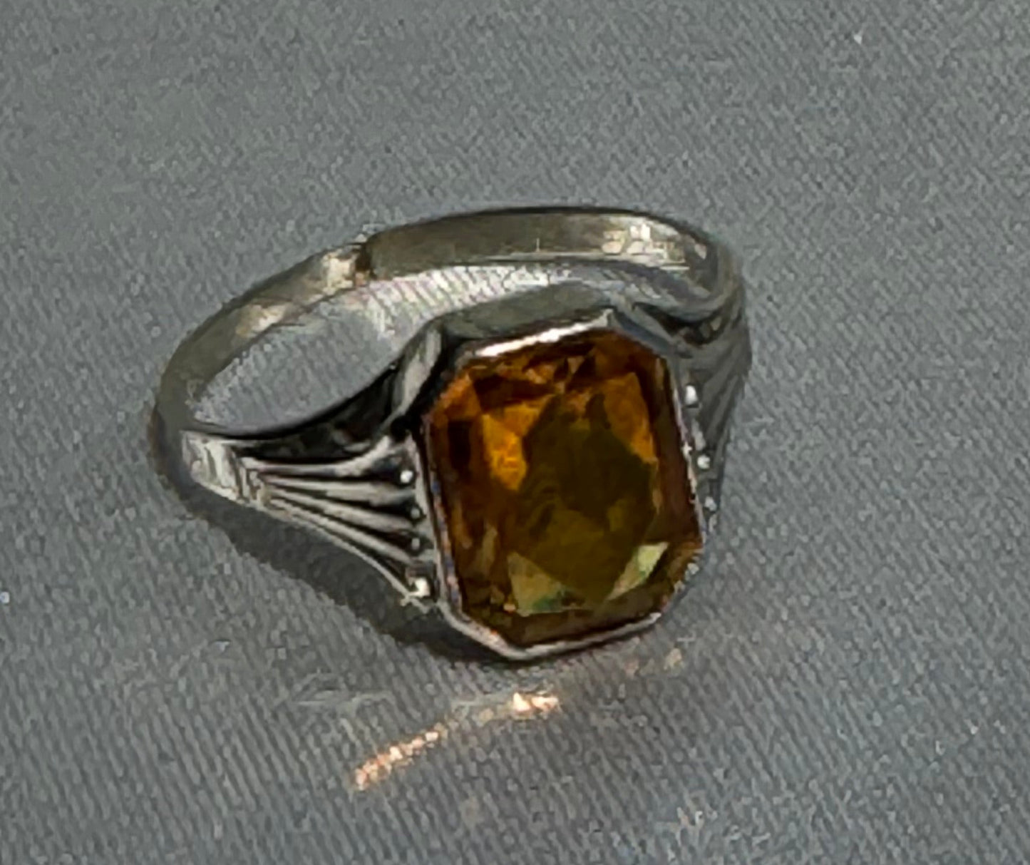 10K white gold ring with octagonal cut citrine stone featuring Art Deco geometric detailing