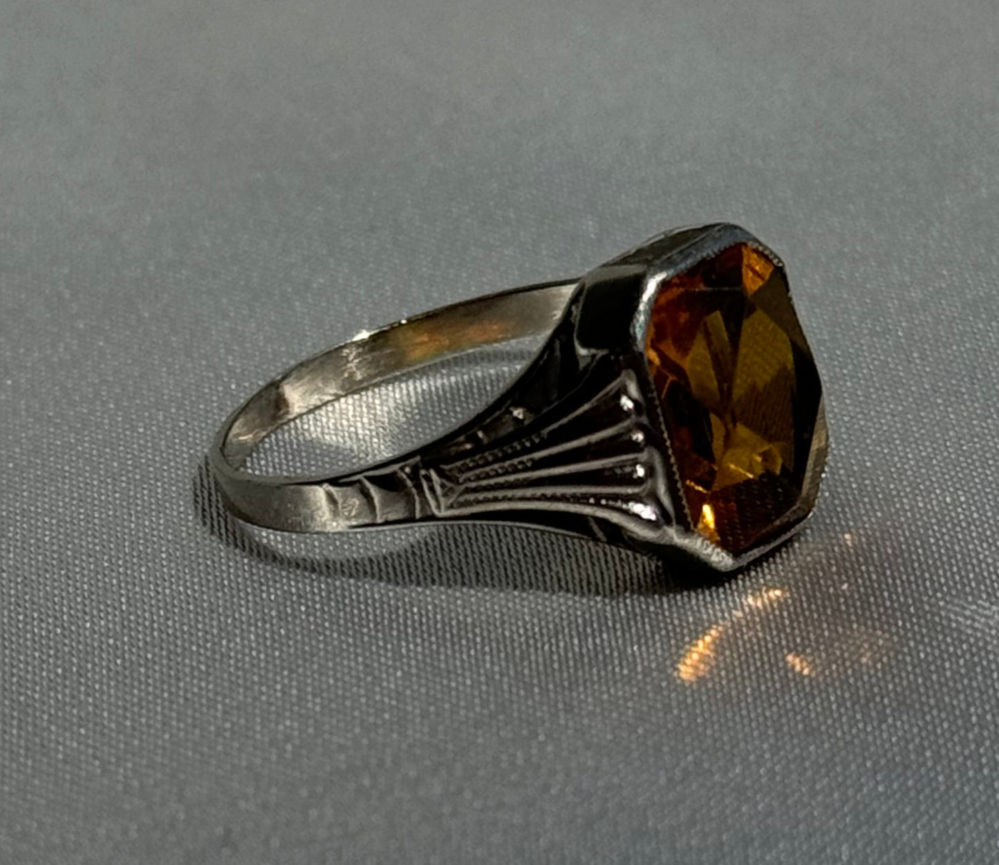 10K white gold ring with octagonal cut citrine stone featuring Art Deco geometric detailing