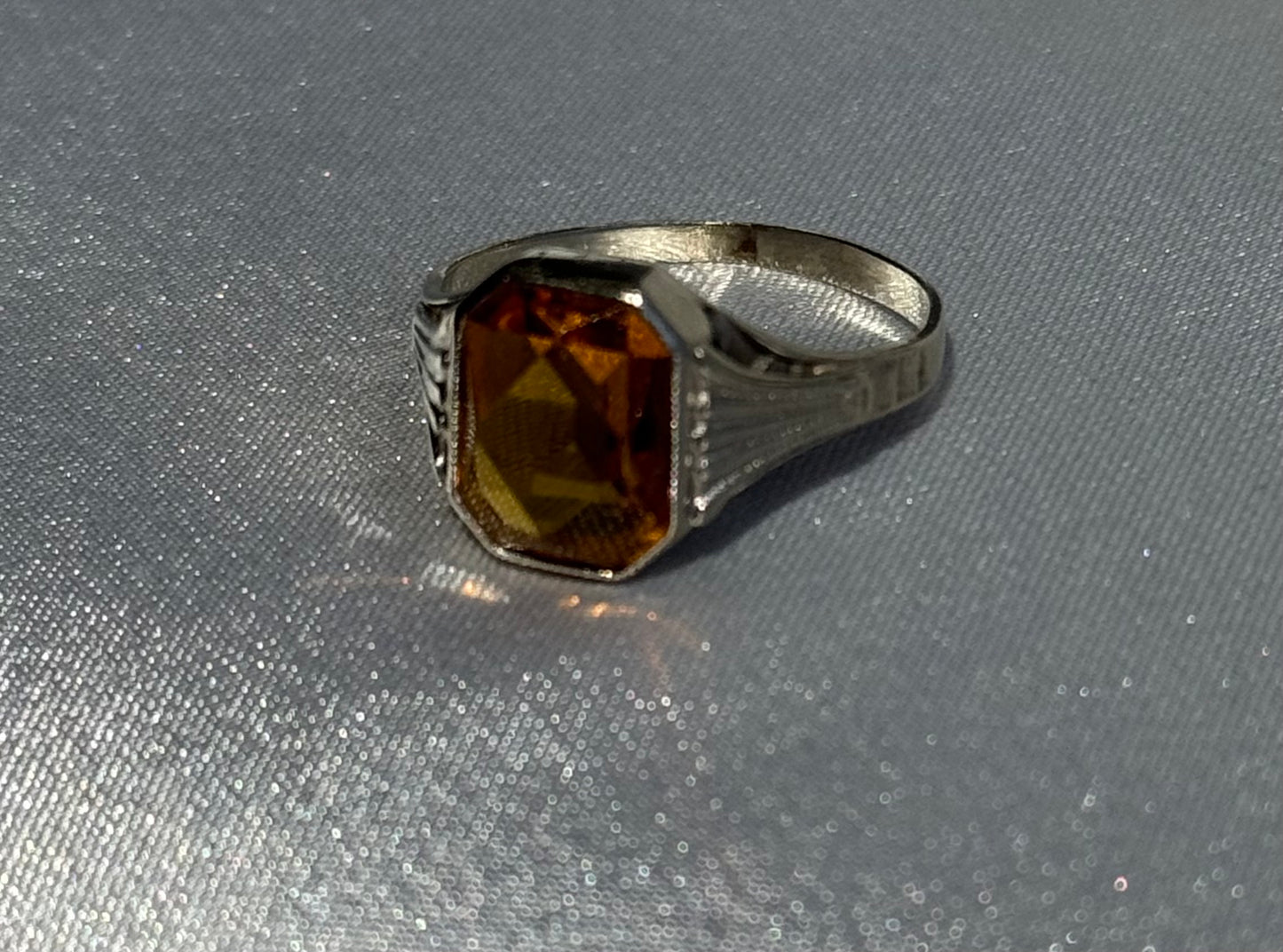 10K white gold ring with octagonal cut citrine stone featuring Art Deco geometric detailing