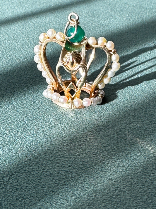 Mid Century Vintage 14K Gold Crown Pendant Natural Jade Pearl Accents Royal Design