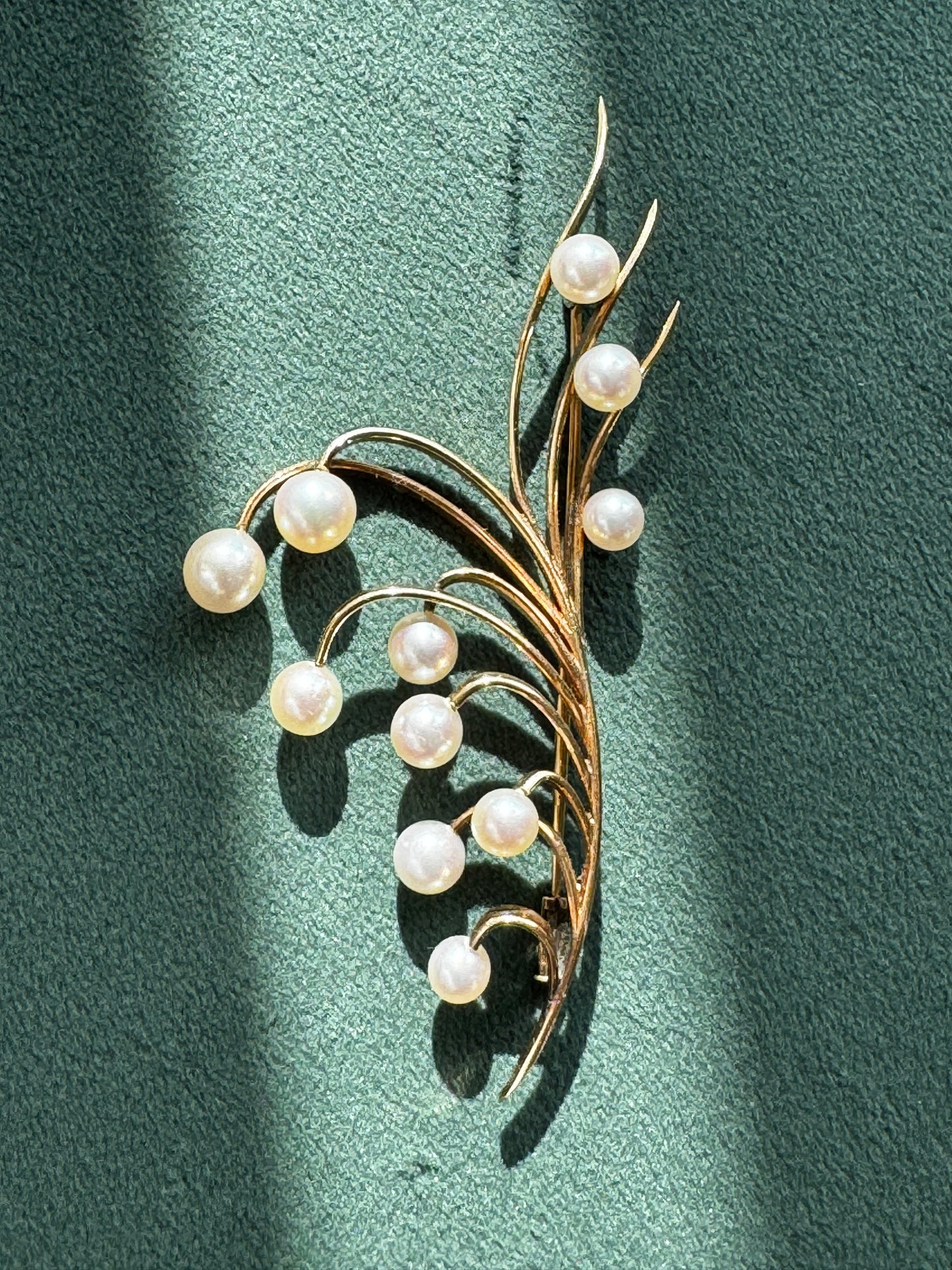 Vintage 14K Gold Cultured Pearl Spray Brooch 8.6g Mid-Century Flowing Design