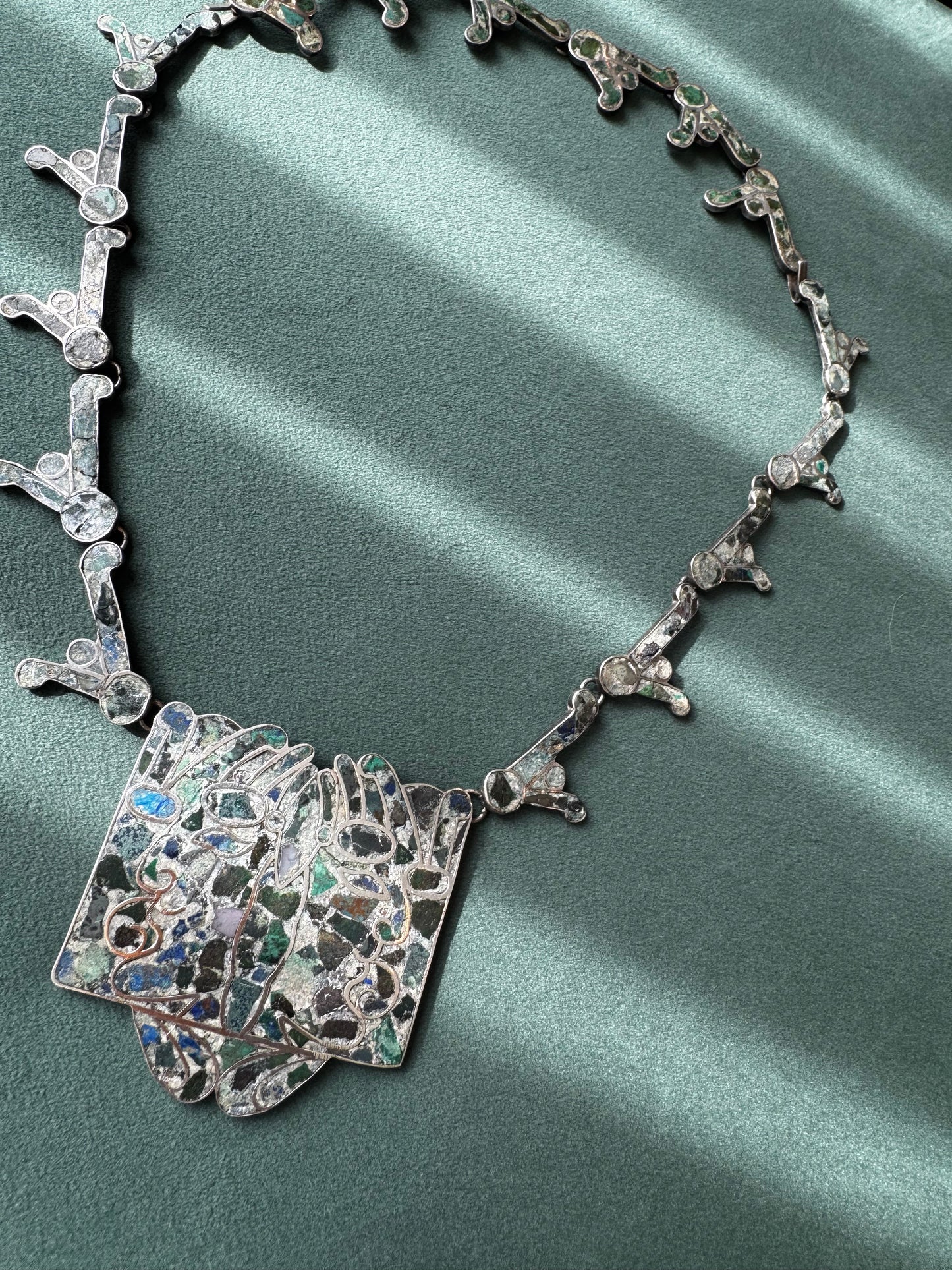 Estate Vintage Mexican Sterling Silver Mosaic Inlay Necklace Bracelet Convertible Set Pre-Columbian Figure Motif Hecho en Mexico D.F.