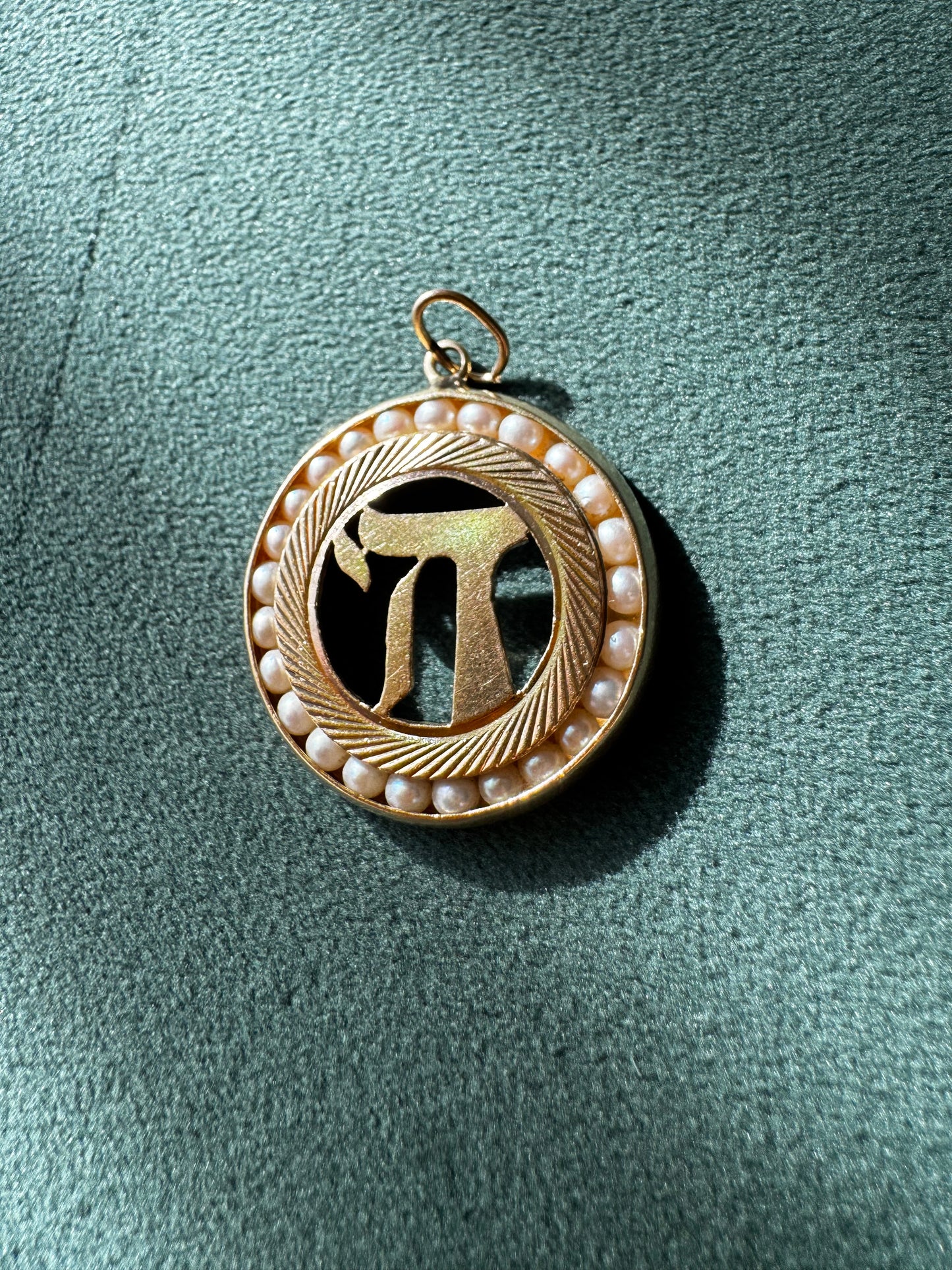Estate Vintage 1950s 14K Yellow Gold Chai Life Pendant Seed Pearl Frame Custom Judaica One of a Kind