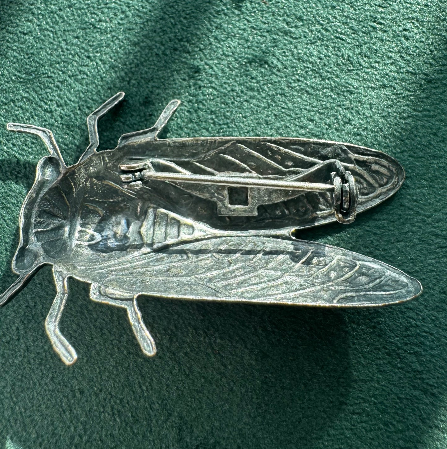 Vintage Cicada Brooch Figural Insect Pin Amethyst and Green Rhinestone Accents Bug Jewelry