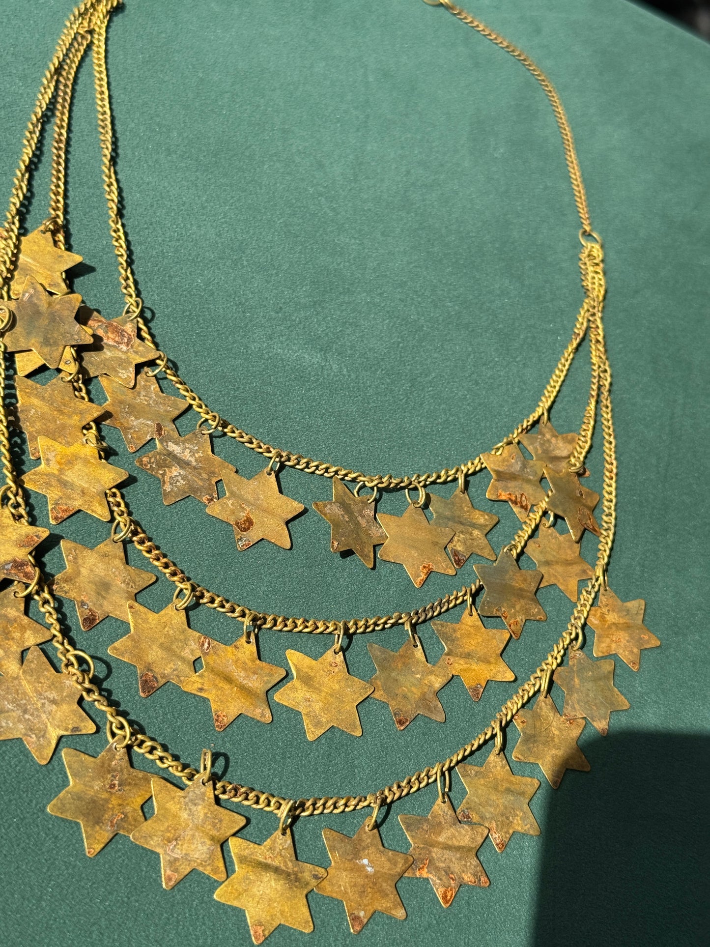 Vintage Brass Star of David Three Strand Bib Necklace Judaica Statement Magen David Graduating Chains 21 Inches