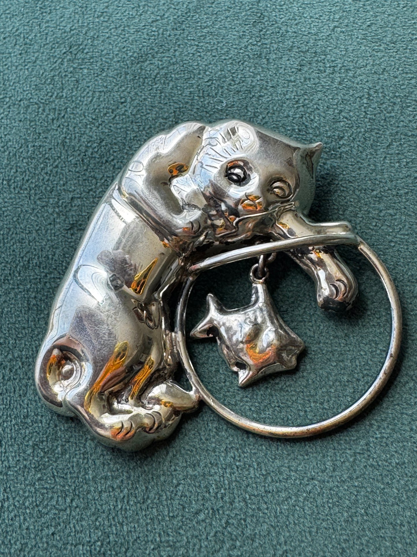 Vintage Mexican Sterling Silver Cat and Fishbowl Brooch with Dangling Fish CII Mexico 925 Cat Lover Gift