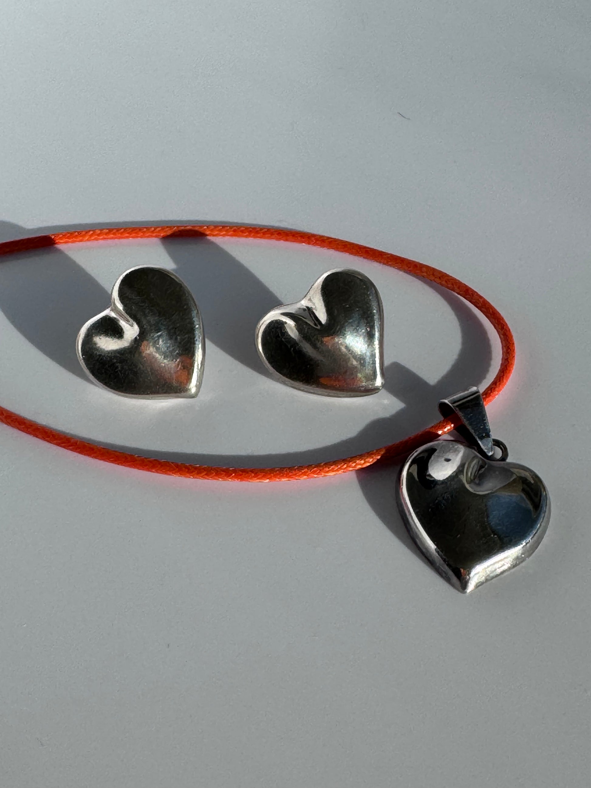 Vintage Mexican sterling silver puffy heart earrings and pendant set with mirror finish