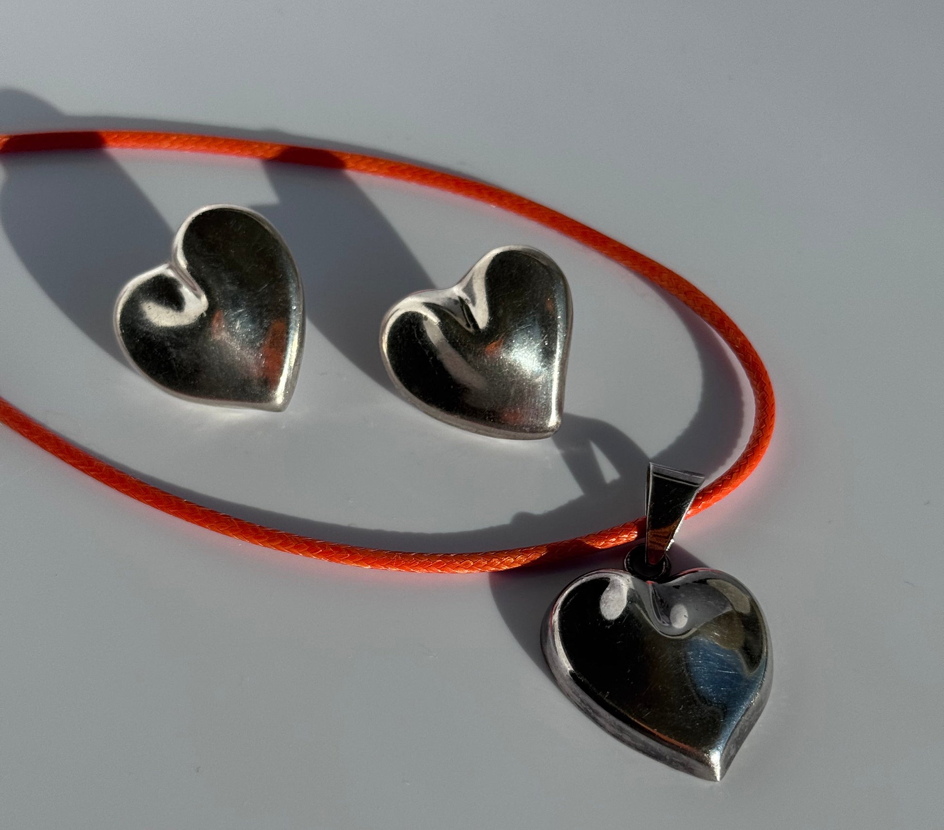Vintage Mexican sterling silver puffy heart earrings and pendant set with mirror finish
