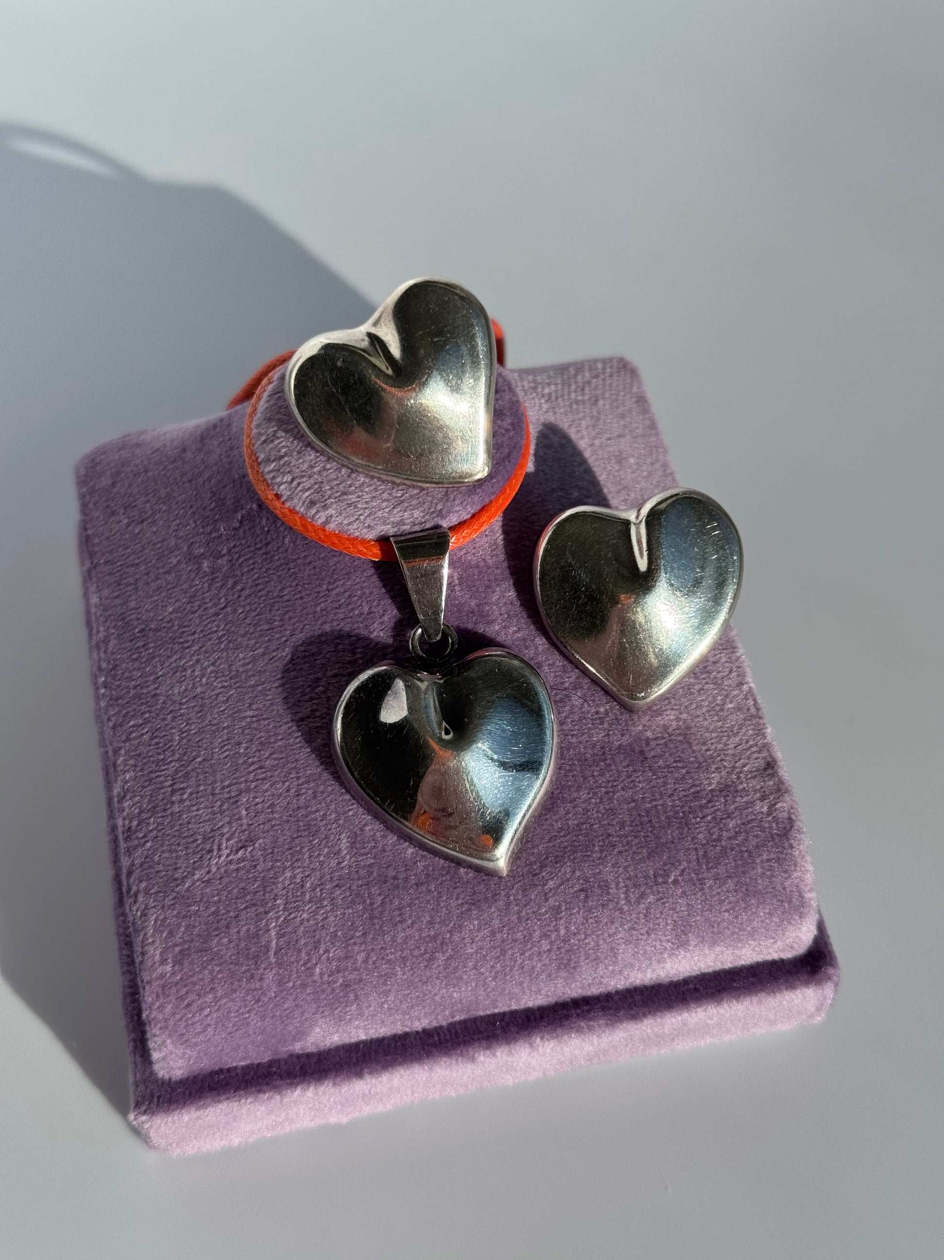 Vintage Mexican sterling silver puffy heart earrings and pendant set with mirror finish