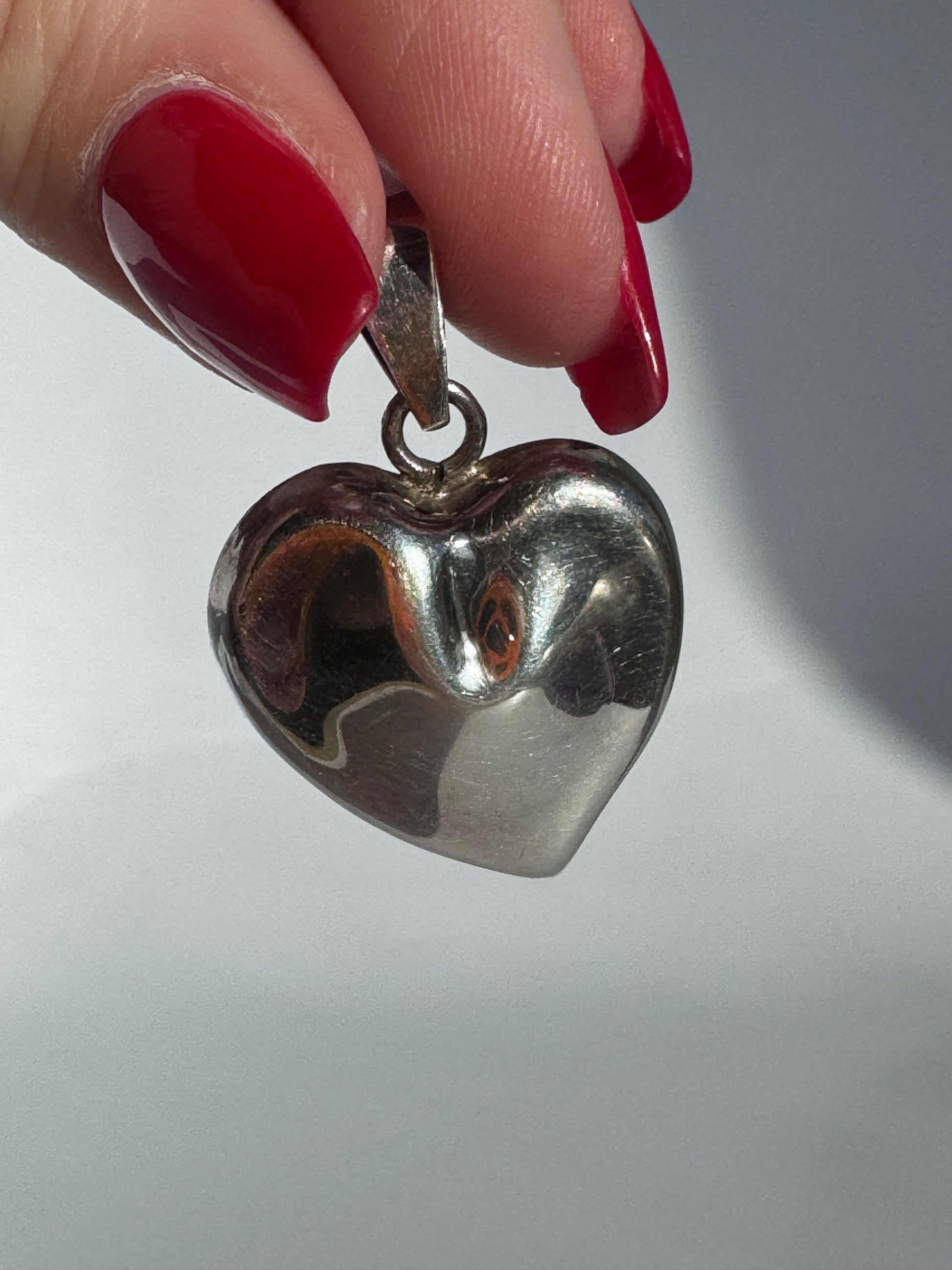 Vintage Mexican sterling silver puffy heart earrings and pendant set with mirror finish