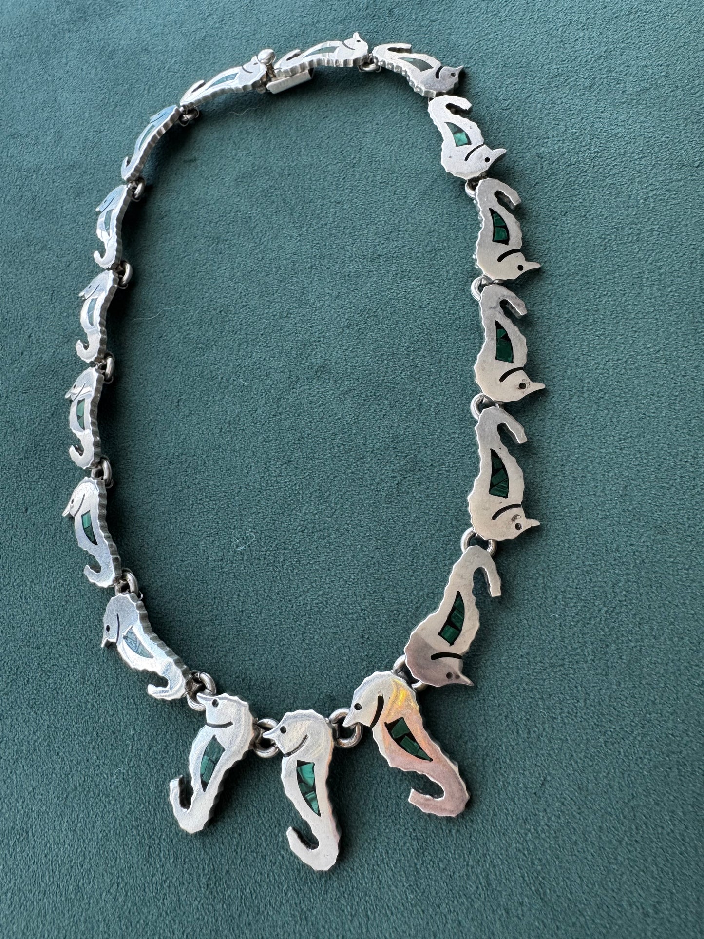 Vintage Mexico Sterling Silver Malachite Seahorse Link Necklace A Whole School of Them Swimming Right at Your Collarbone