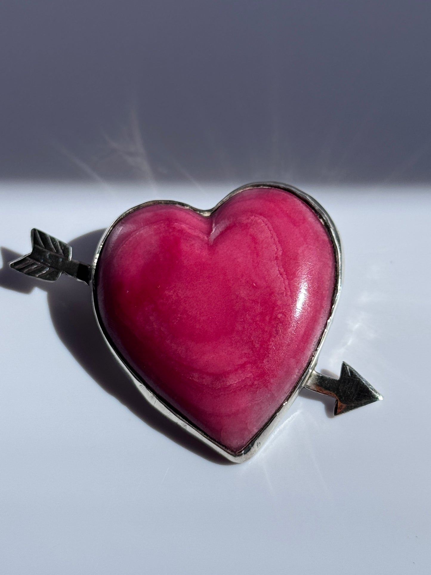 Estate Vintage Mexican Sterling Silver Rhodochrosite Heart Arrow Brooch Pin Pink Stone Valentine Love