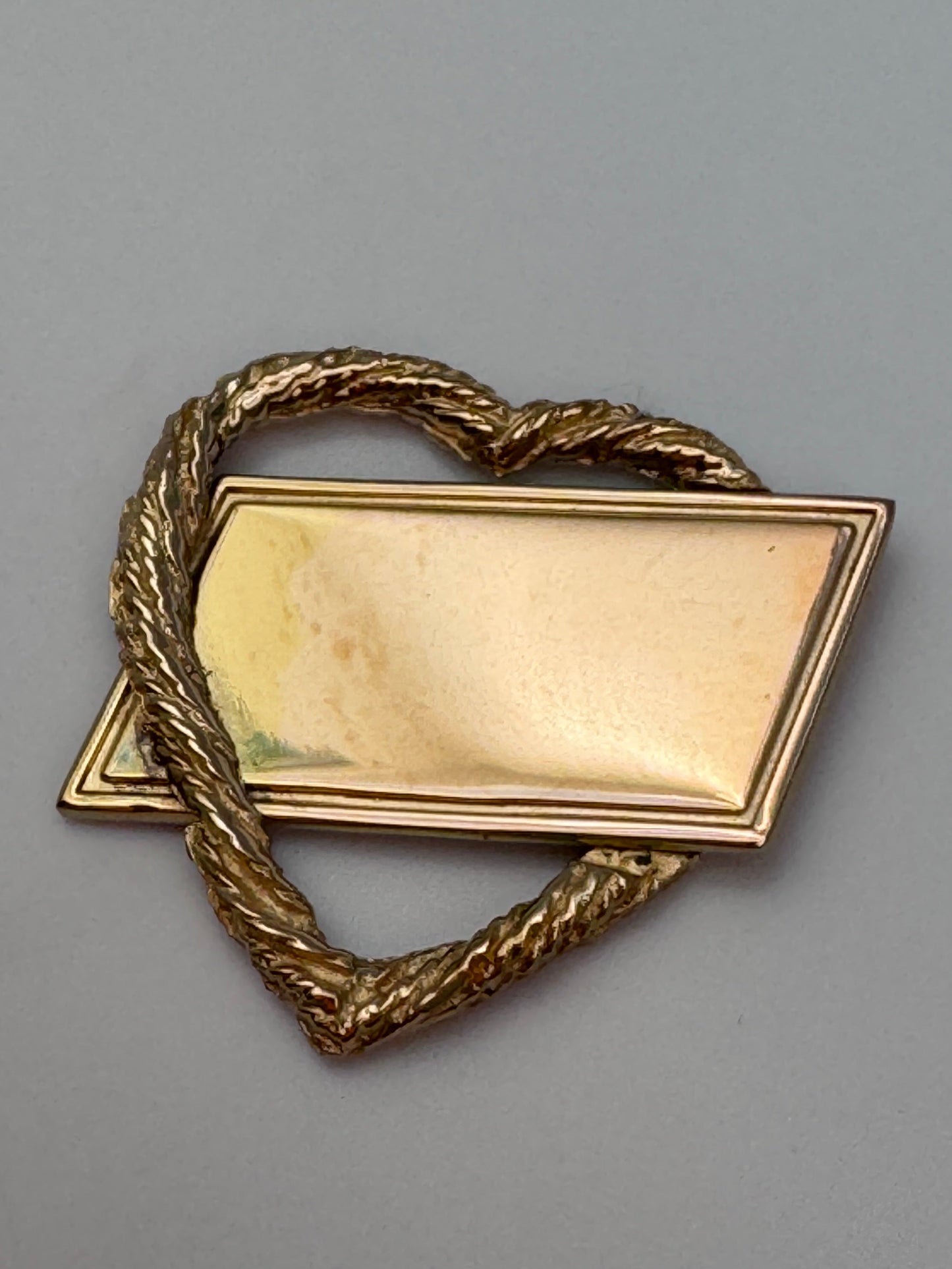 Vintage 14k gold heart-shaped rope chain pendant with gold cartouche, converted from brooch, 4.95 grams estate jewelry