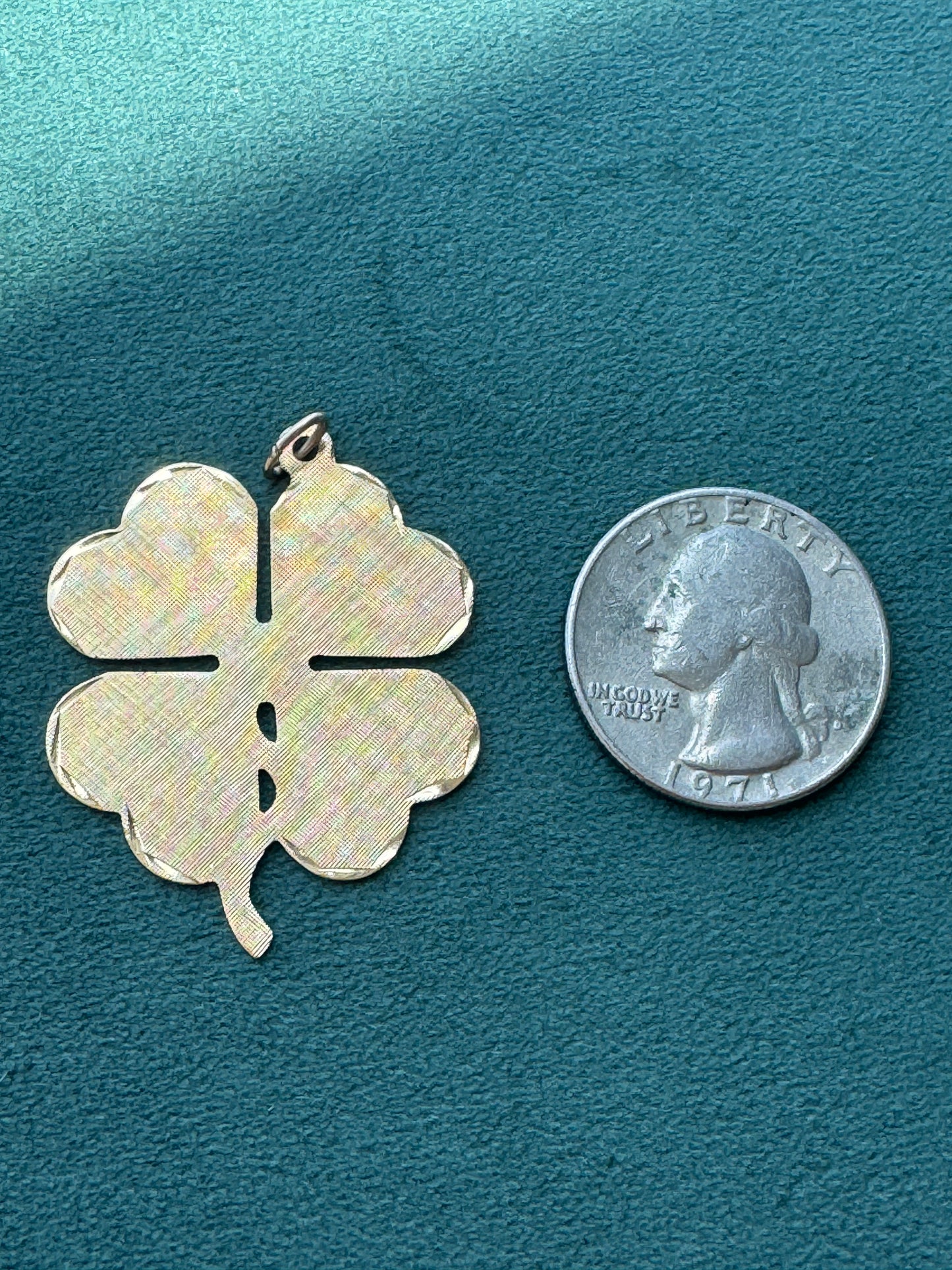Giant Vintage 14K Yellow Gold Frank J. Golden Four Leaf Clover Pendant Florentine and Diamond Cut Finish Large Lucky Charm