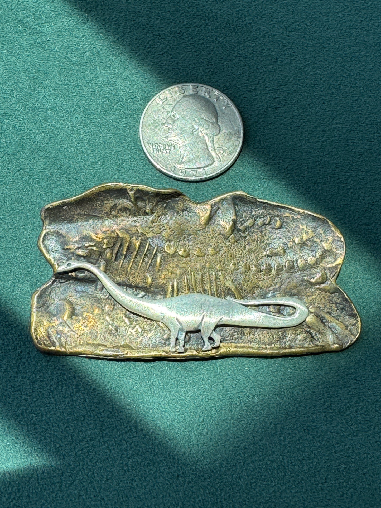 Vintage Brass and Sterling Silver Sauropod Brontasaurus Dinosaur Fossil Scene Brooch Pin Signed Figural Paleontology Gift