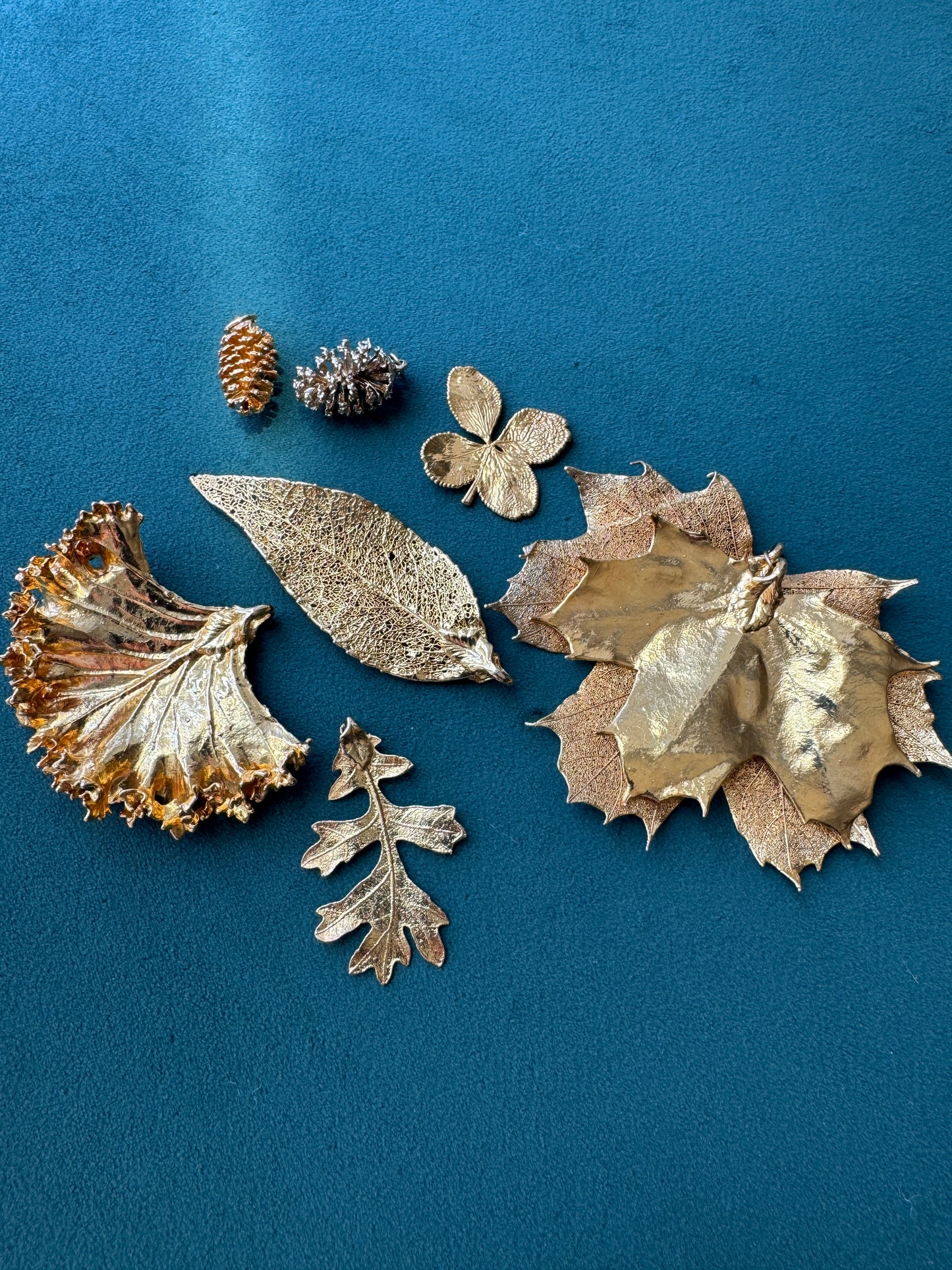 Vintage 1970s Genuine Gold Dipped Maple Leaf Cluster Pendant with Pinecone Real Botanical Statement Piece Autumn That Never Falls