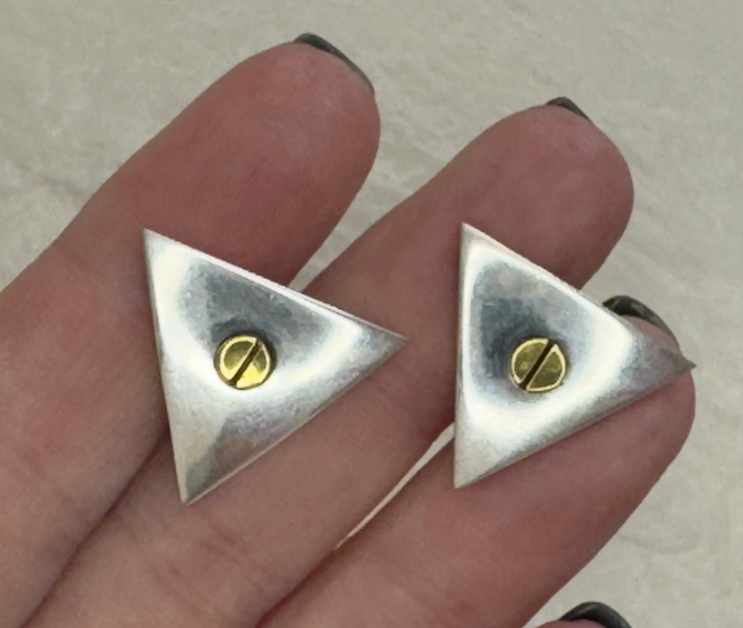 Vintage Estate Mexican Modernist Sterling Silver & Brass Triangle Screw Earrings - Taxco Hallmarked Post Modern Geometric Design