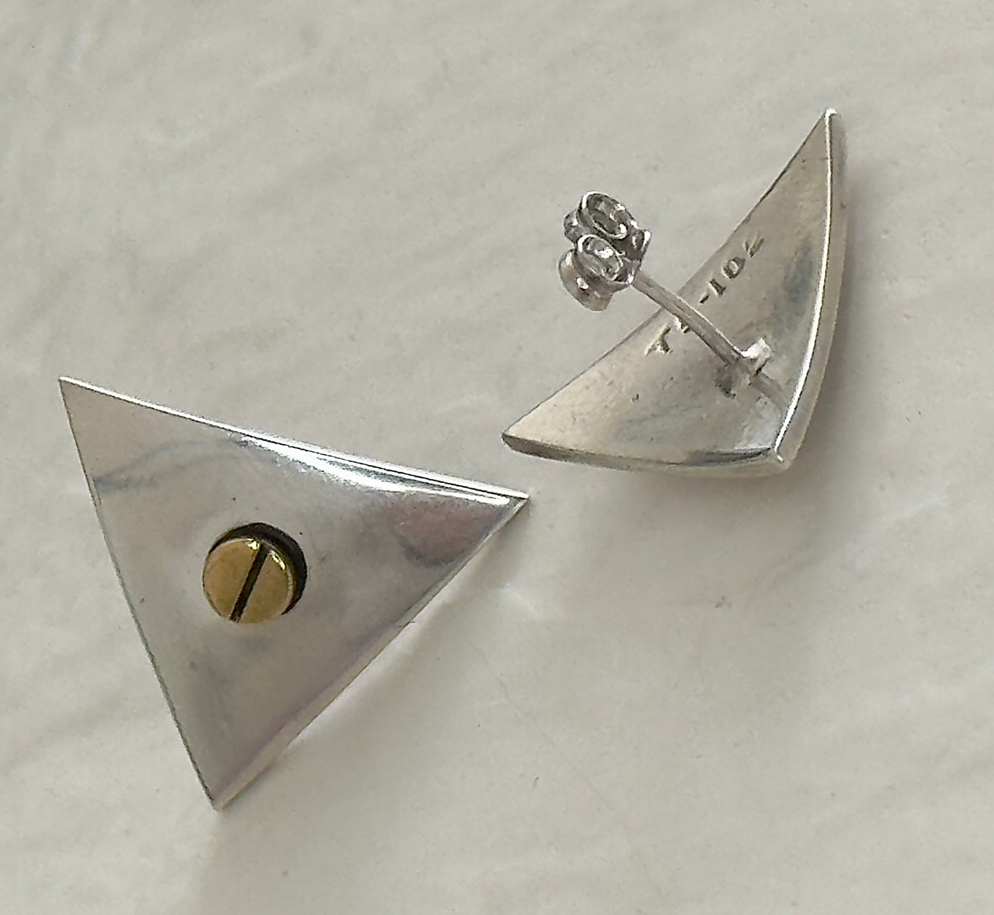 Vintage Estate Mexican Modernist Sterling Silver & Brass Triangle Screw Earrings - Taxco Hallmarked Post Modern Geometric Design
