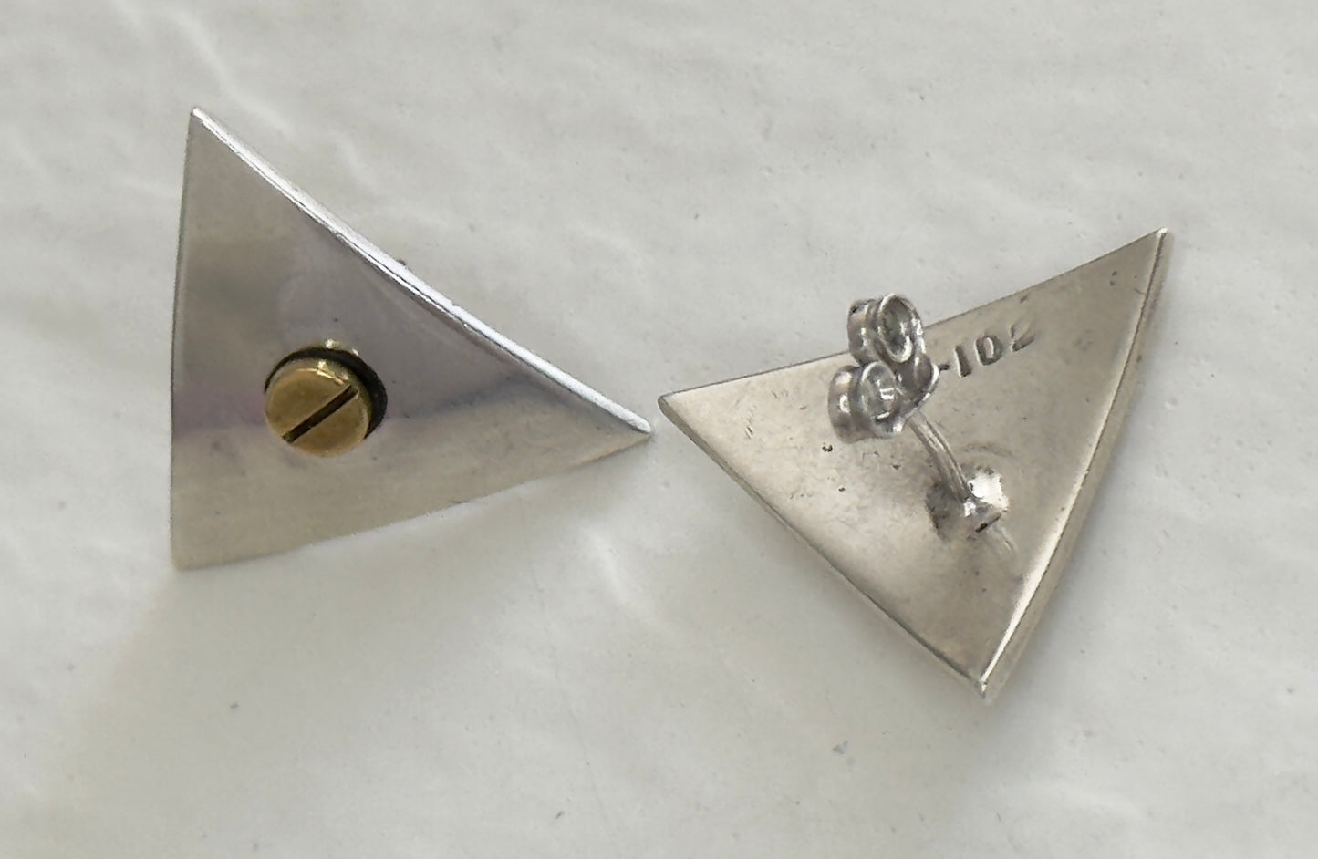 Vintage Estate Mexican Modernist Sterling Silver & Brass Triangle Screw Earrings - Taxco Hallmarked Post Modern Geometric Design