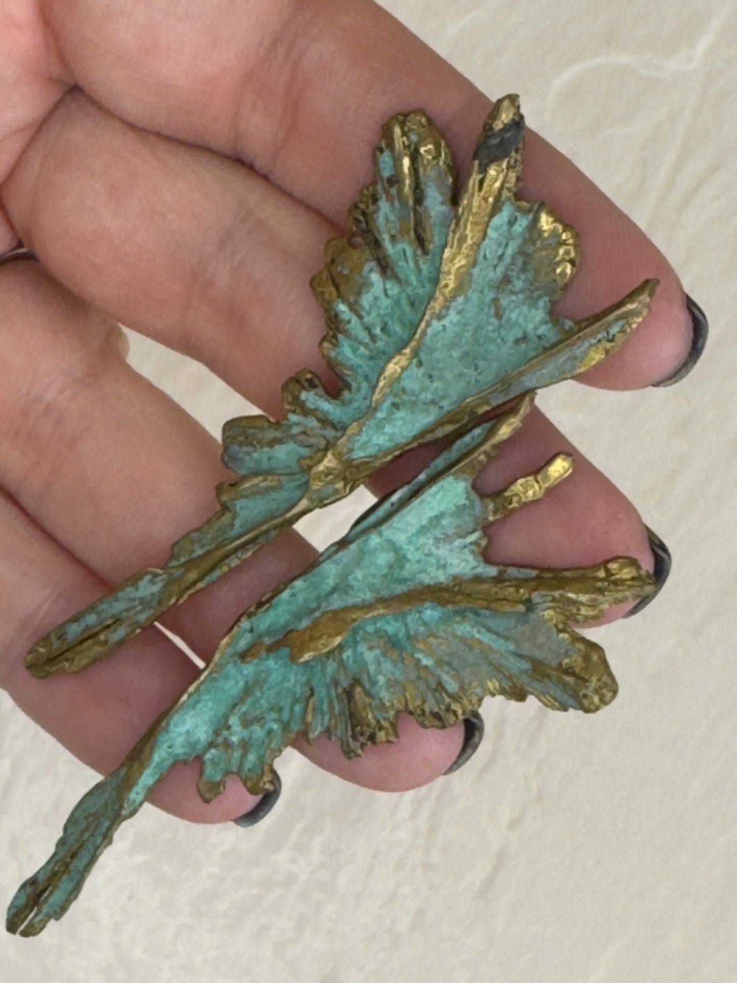 Vintage Patinated Bronze Feathered Wing Earrings