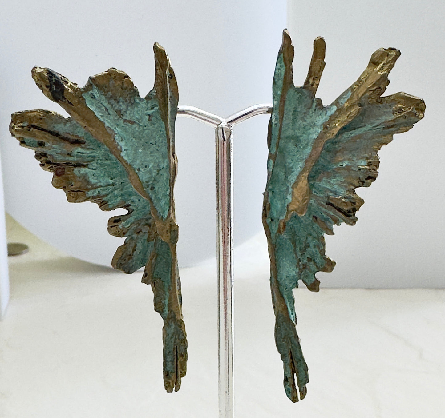 Vintage Patinated Bronze Feathered Wing Earrings