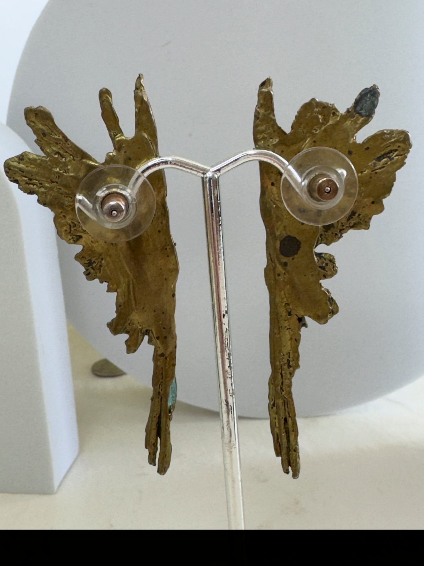 Vintage Patinated Bronze Feathered Wing Earrings