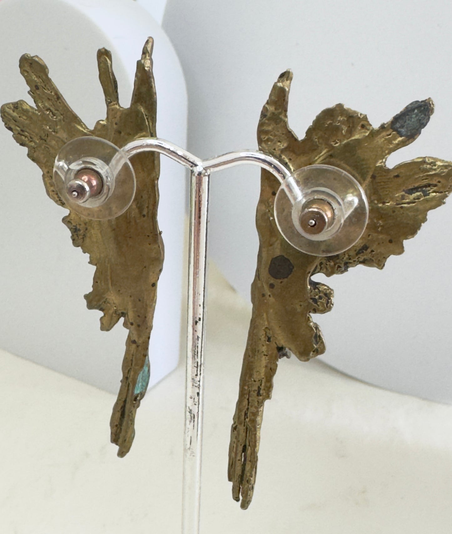 Vintage Patinated Bronze Feathered Wing Earrings