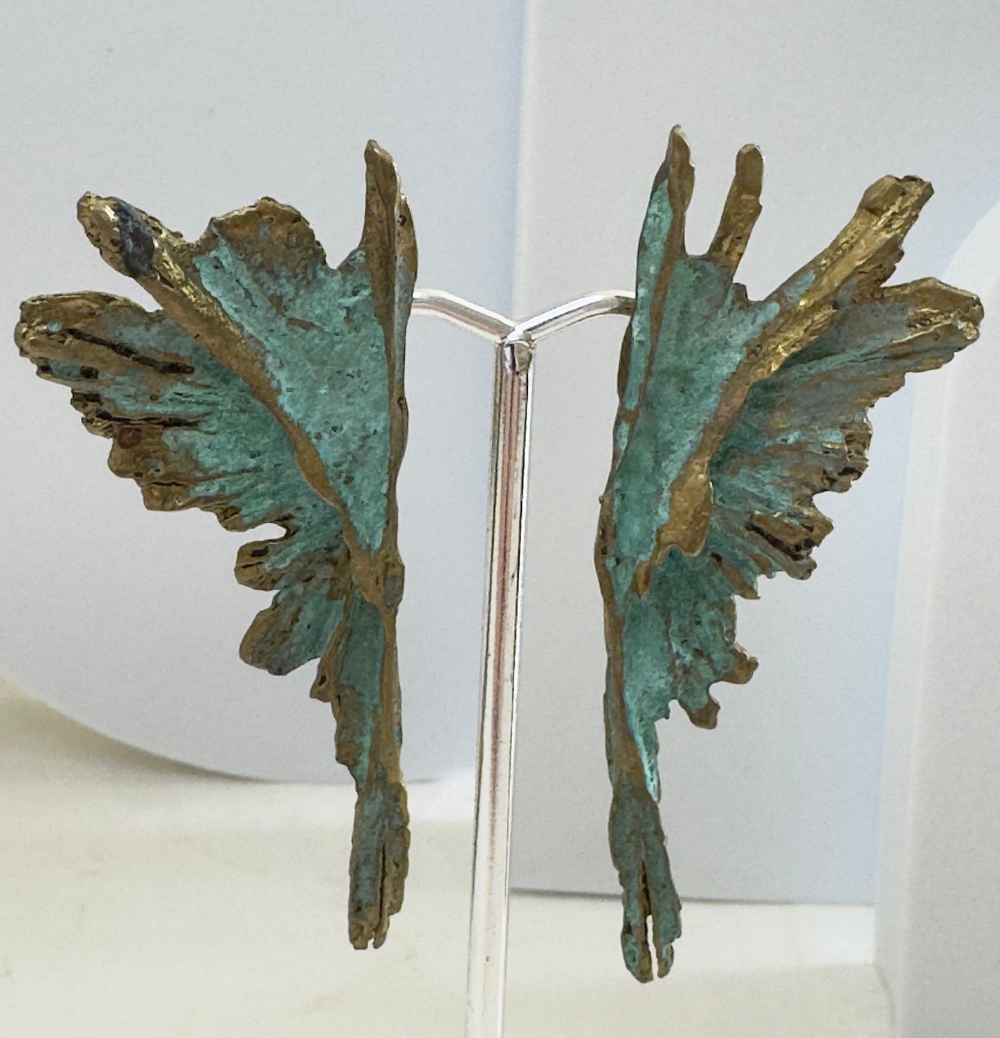 Vintage Patinated Bronze Feathered Wing Earrings