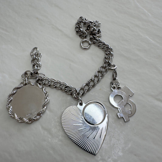 Vintage Sterling Silver Charm Bracelet with Heart & Gender Symbol Charms - 1960s New Old Stock