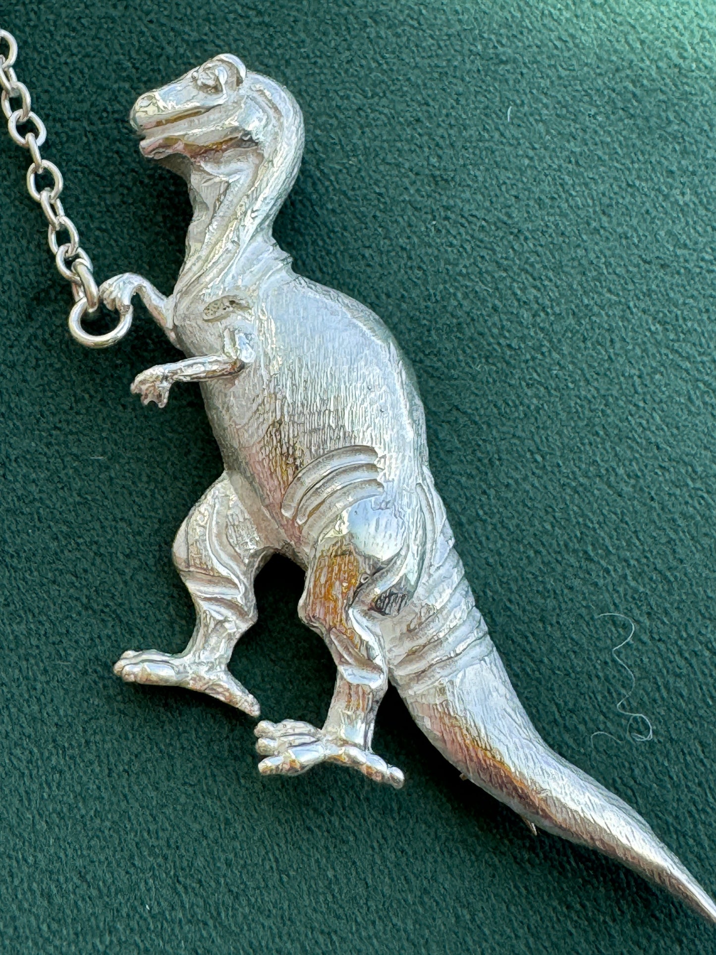Vintage Sterling Silver T-Rex Brooch Walking a Poodle on a Chain Leash Rare Signed Dinosaur and Dog Novelty Pin Set