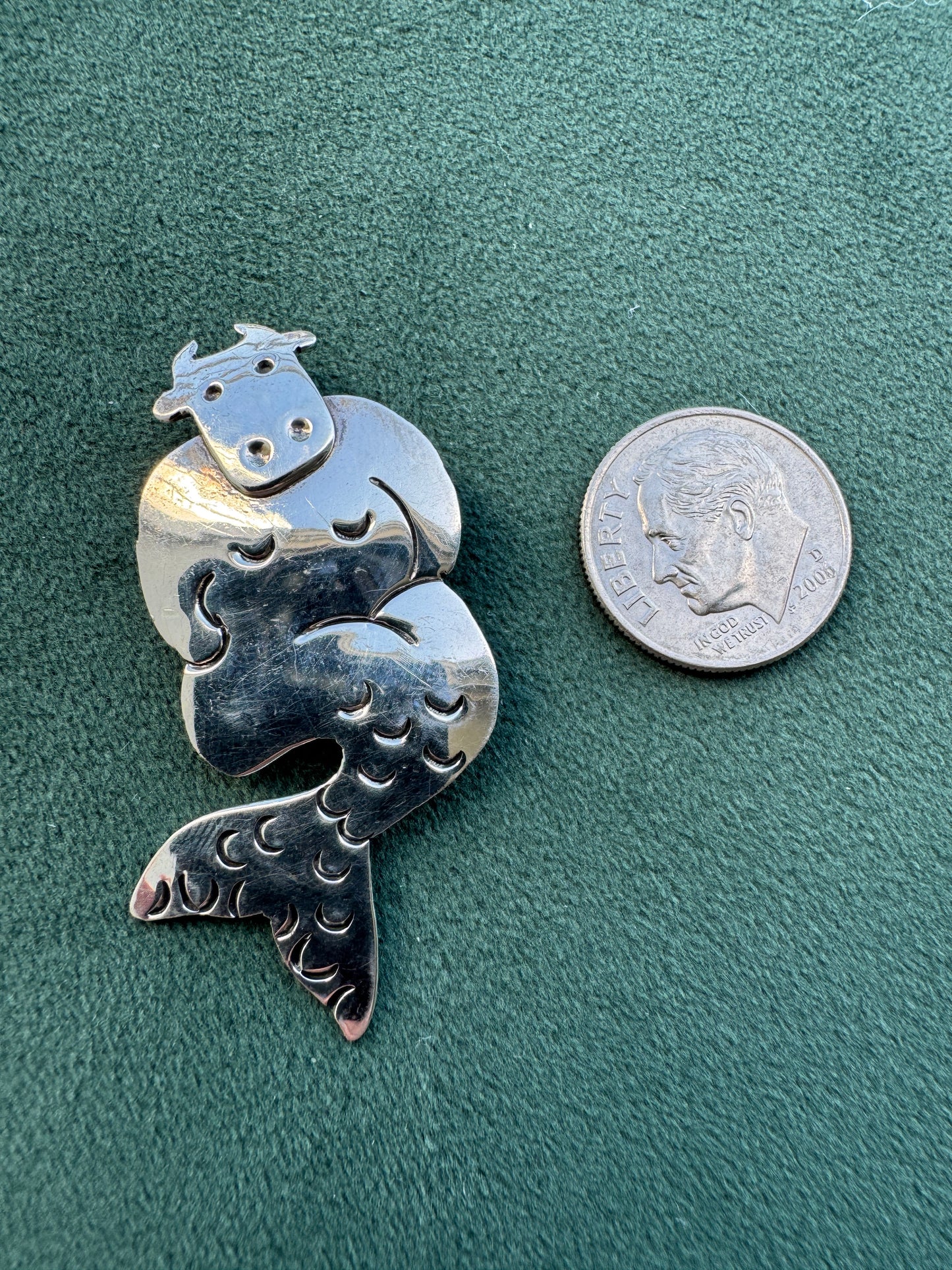 Estate Vintage 1990s Sterling Silver Far Fetched Cow Mermaid Brooch Signed Modernist Figural Pin A Very Far Fetched Piece of Mermaid Life