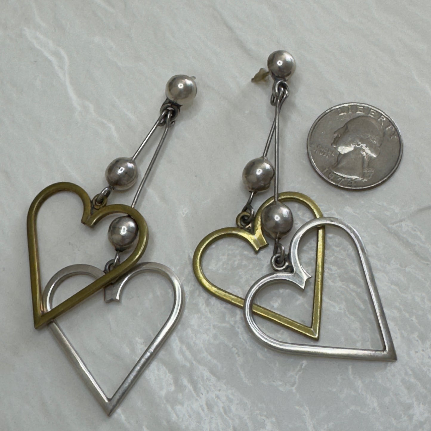 Vintage Estate Sterling Silver Taxco Mexico Heart Dangle Earrings