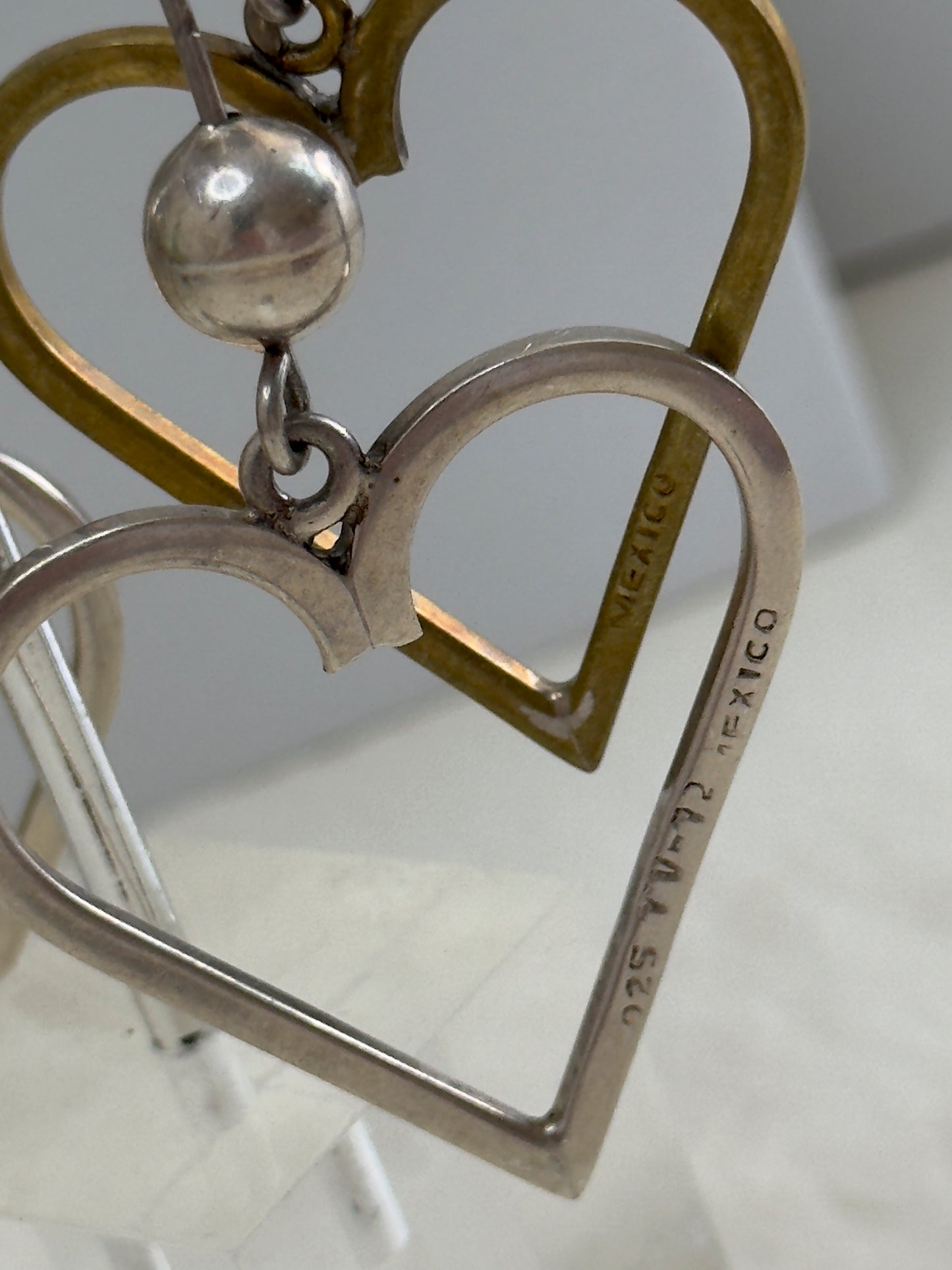 Vintage Estate Sterling Silver Taxco Mexico Heart Dangle Earrings