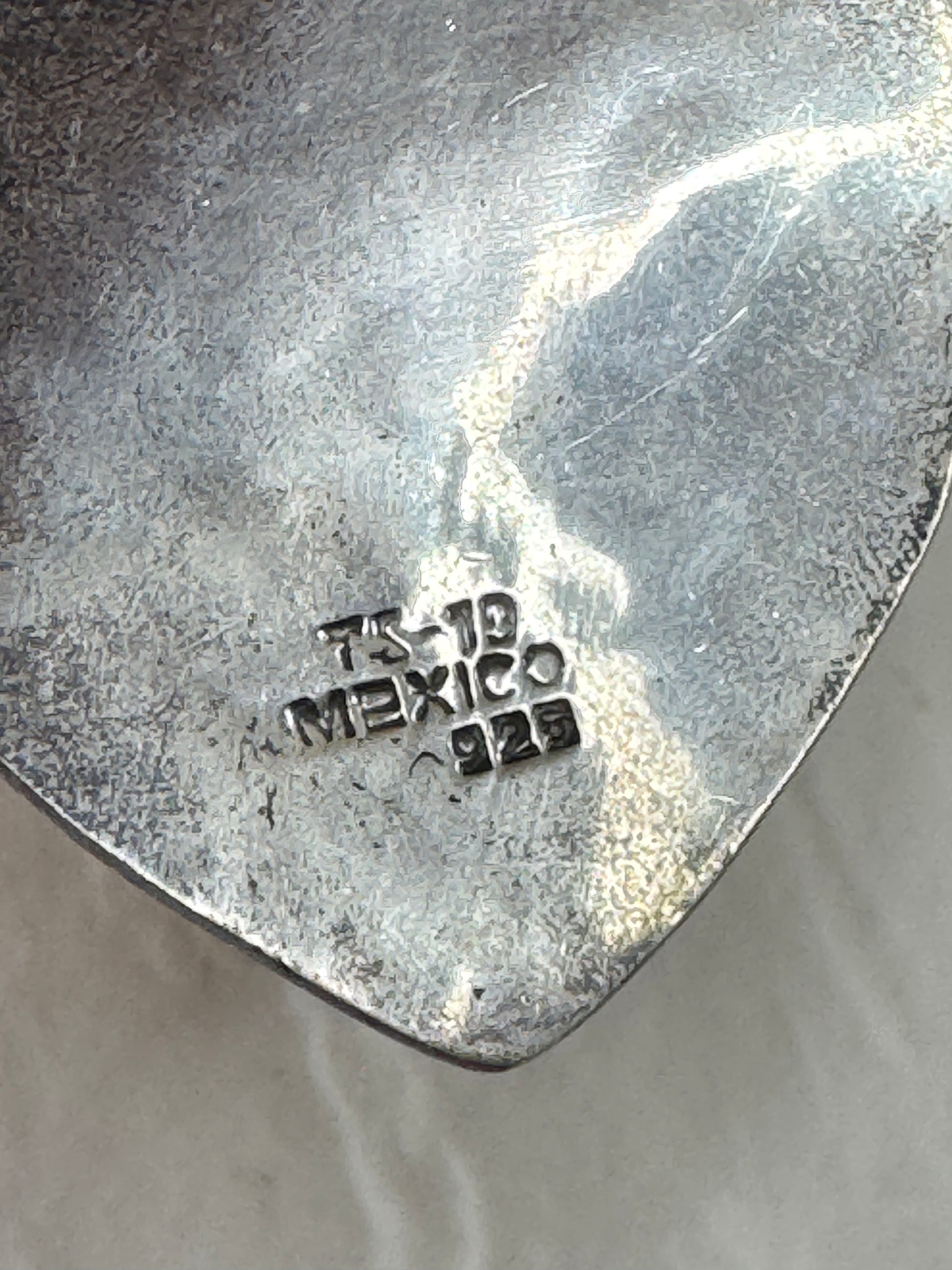 Estate Mexican sterling silver heart jewelry set with triple dangle earrings and matching pendant, hand-stamped folk designs, 925 hallmarks