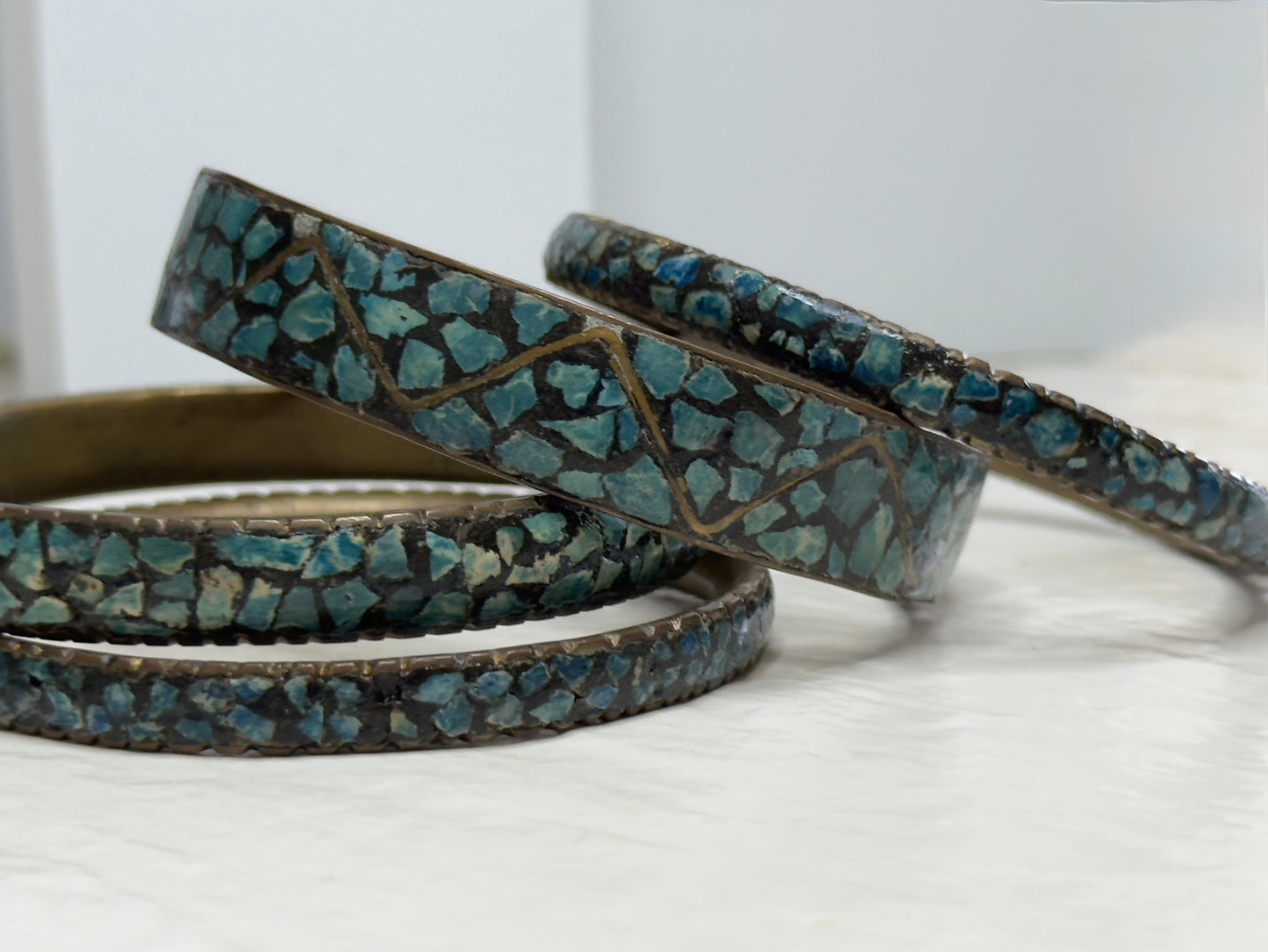 Estate Vintage 1950s Indian Turquoise Mosaic Inlay Brass Bangle Bracelet Set Mid Century