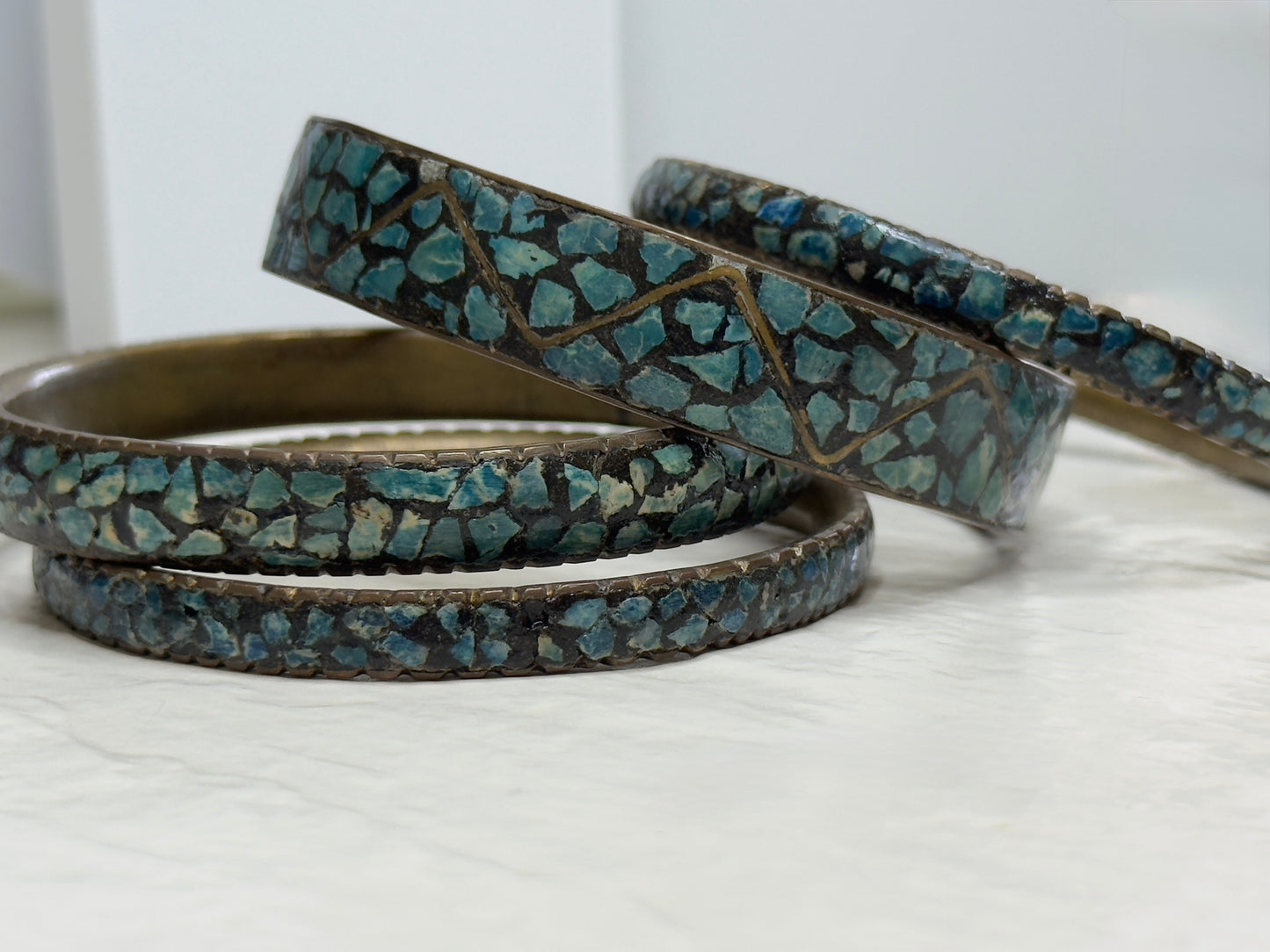 Estate Vintage 1950s Indian Turquoise Mosaic Inlay Brass Bangle Bracelet Set Mid Century