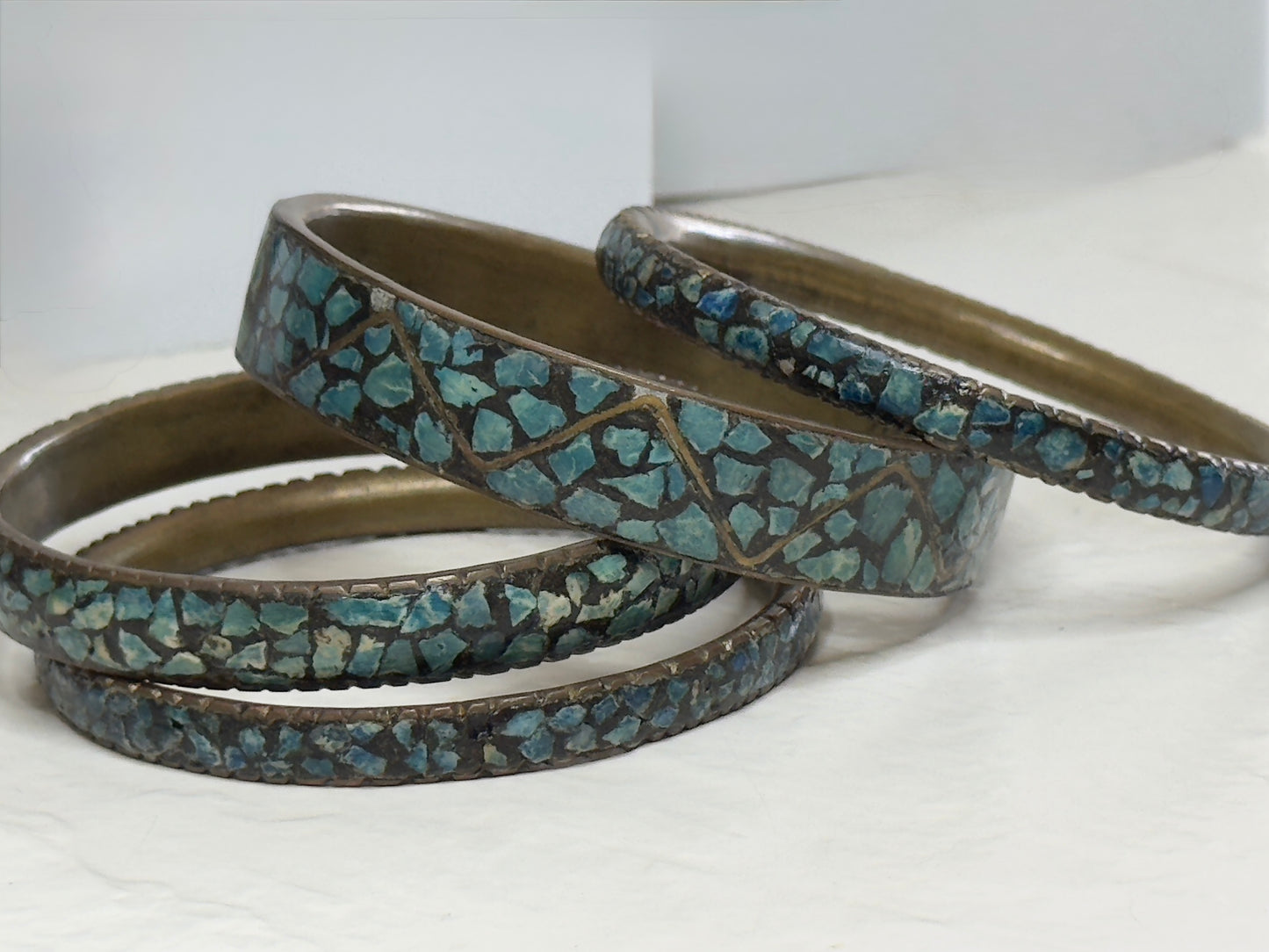 Estate Vintage 1950s Indian Turquoise Mosaic Inlay Brass Bangle Bracelet Set Mid Century