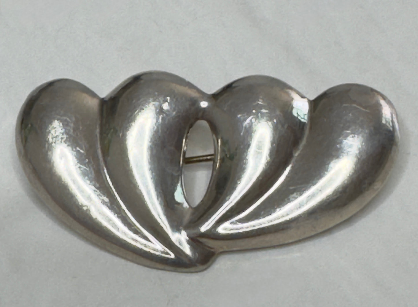 Estate Sterling Silver Double Hearts Brooch - Mexican 925 Silver Pin Romantic Jewelry