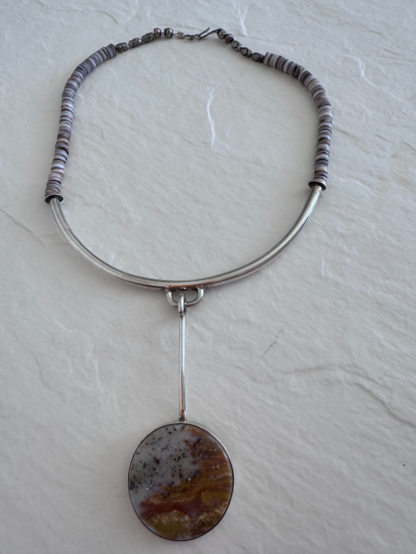 Estate Modernist Sterling Silver Dendritic Agate Pendant Necklace Natural Heshi Beads