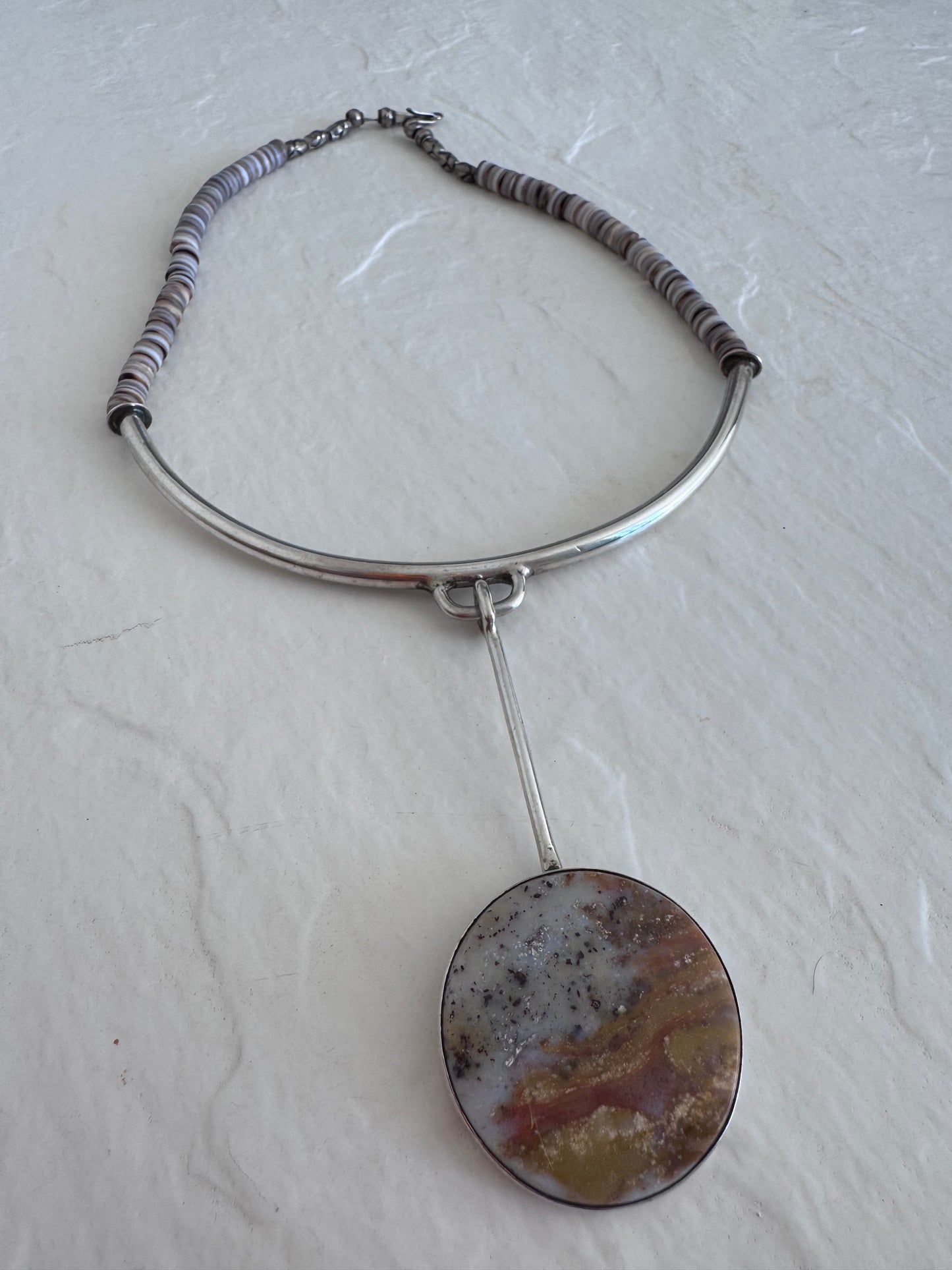 Estate Modernist Sterling Silver Dendritic Agate Pendant Necklace Natural Heshi Beads