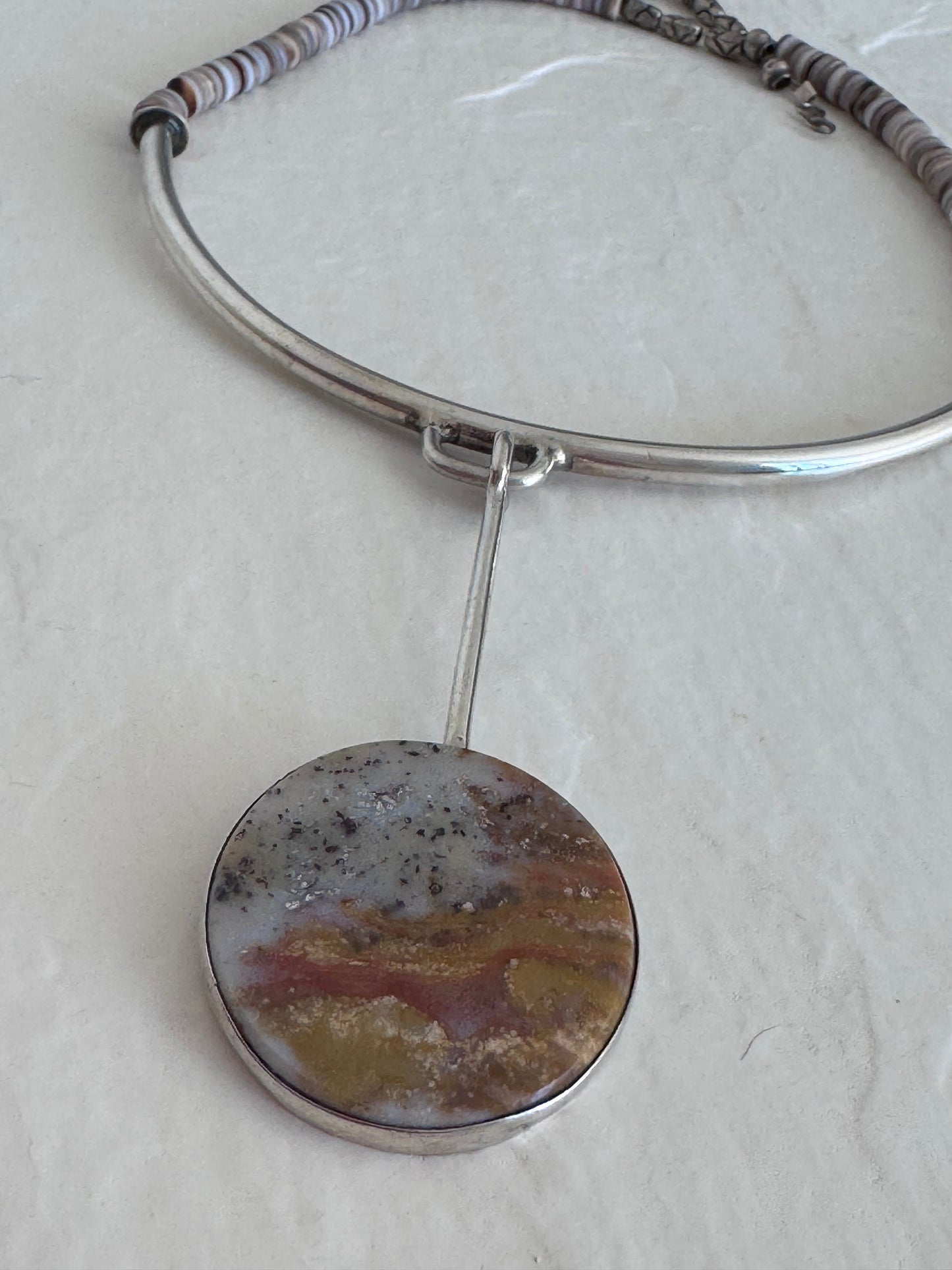 Estate Modernist Sterling Silver Dendritic Agate Pendant Necklace Natural Heshi Beads