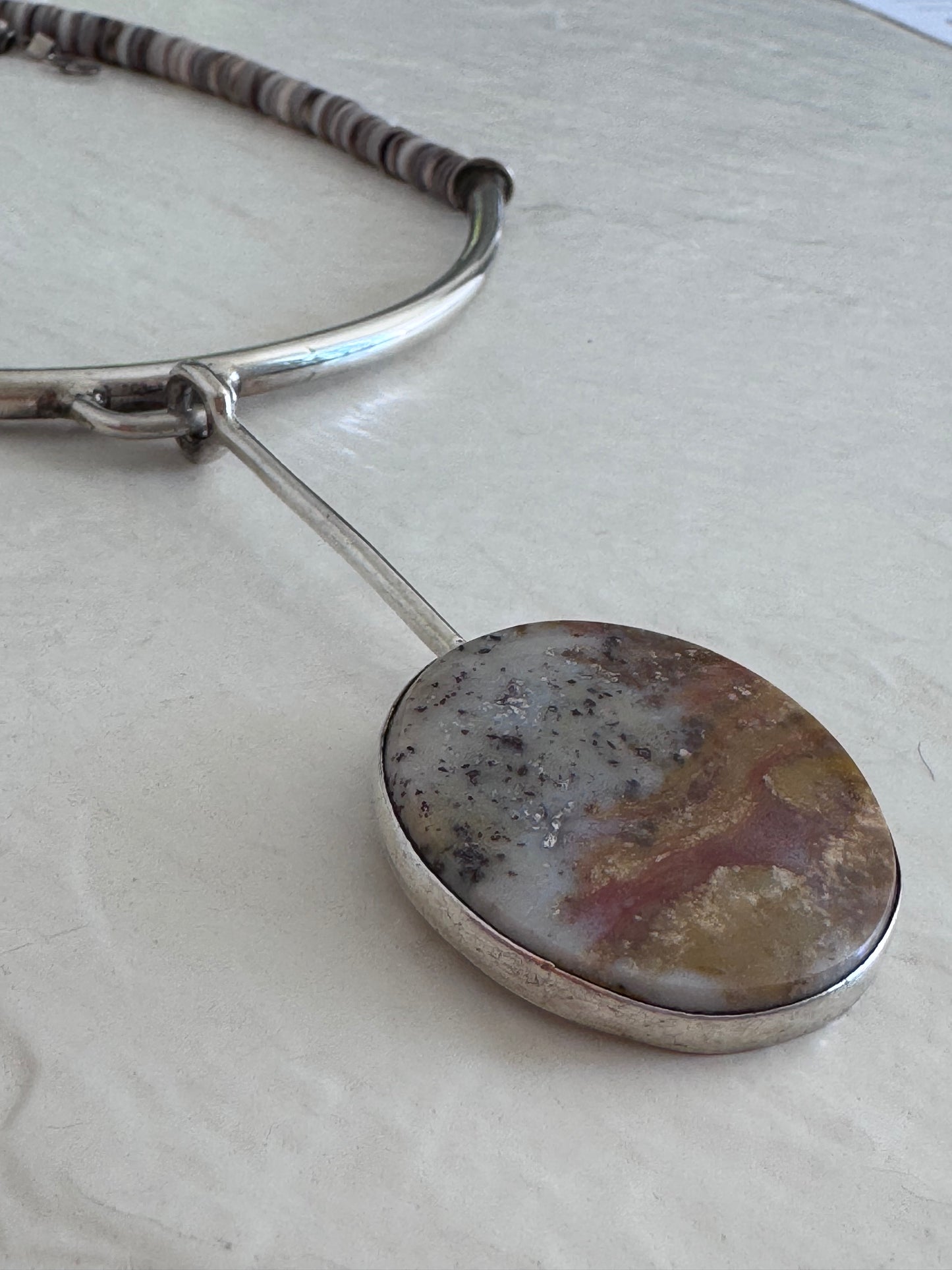 Estate Modernist Sterling Silver Dendritic Agate Pendant Necklace Natural Heshi Beads