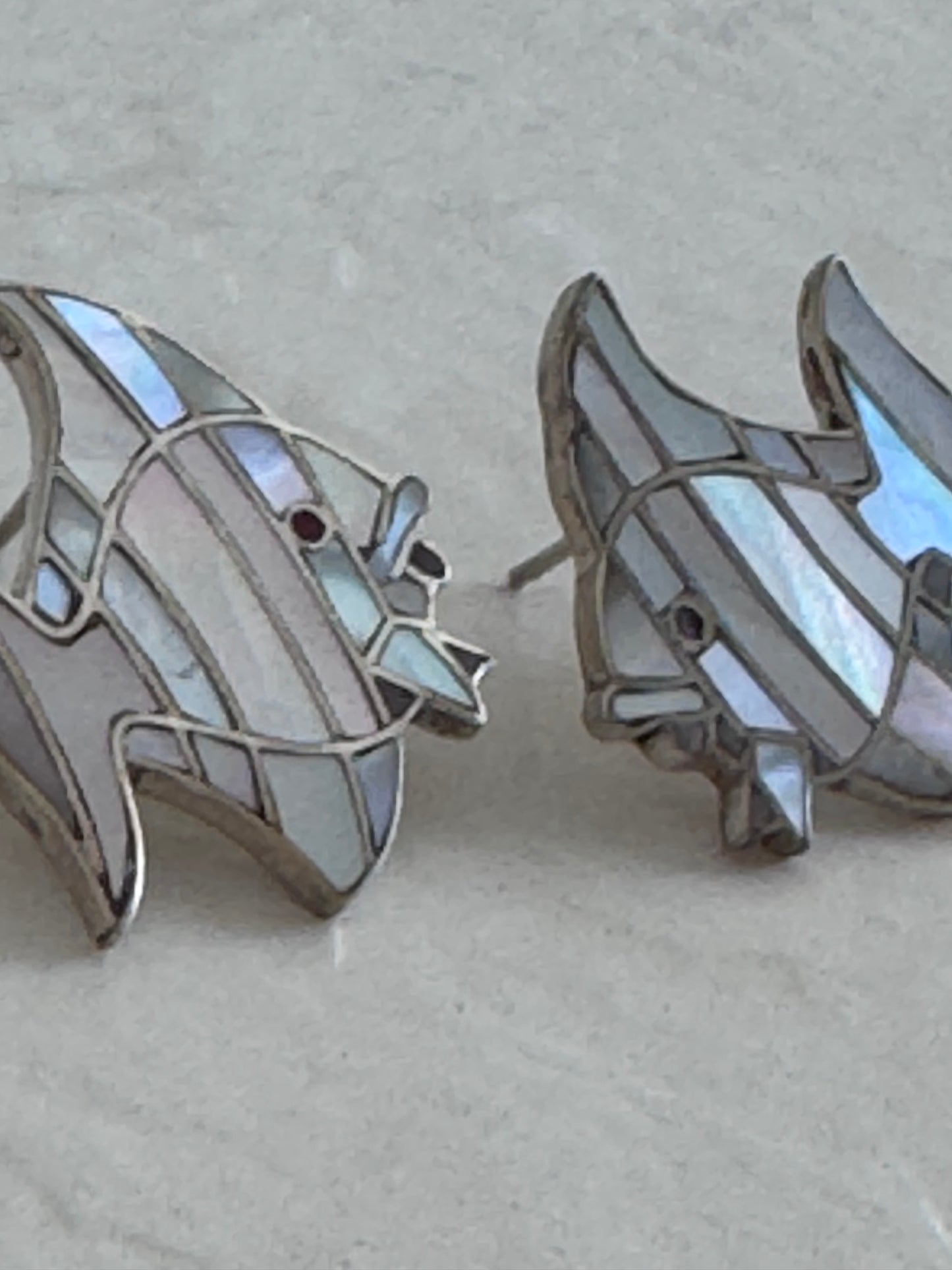 Vintage sterling silver angelfish brooches with mother of pearl mosaic inlay and red accent eyes