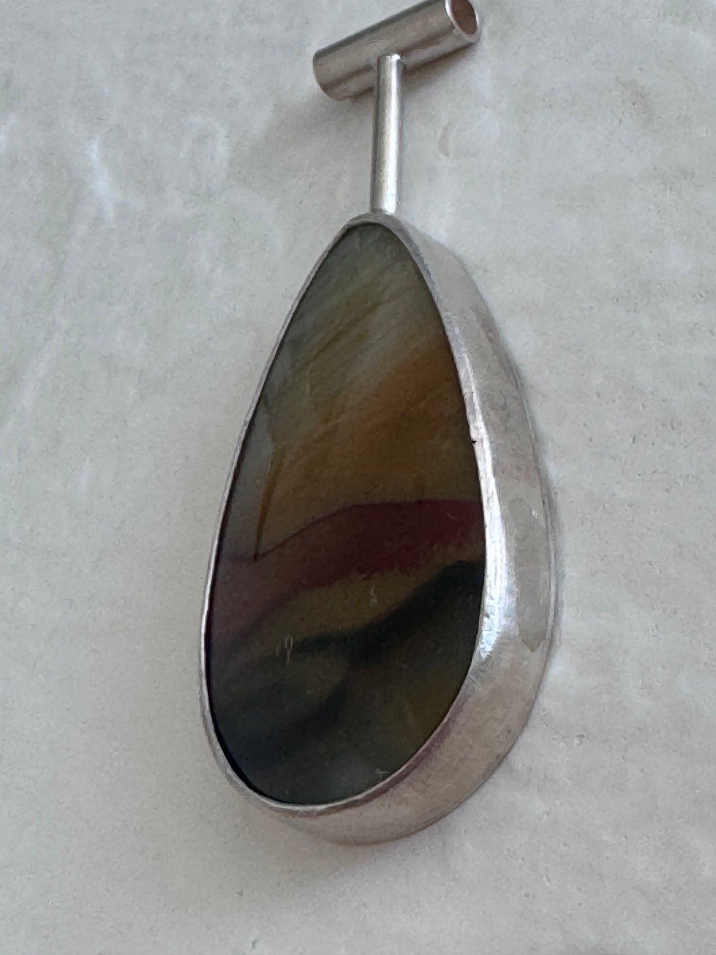 Estate vintage sterling silver picture jasper pendant with modernist bezel setting showing natural earth-tone banding, 17g weight