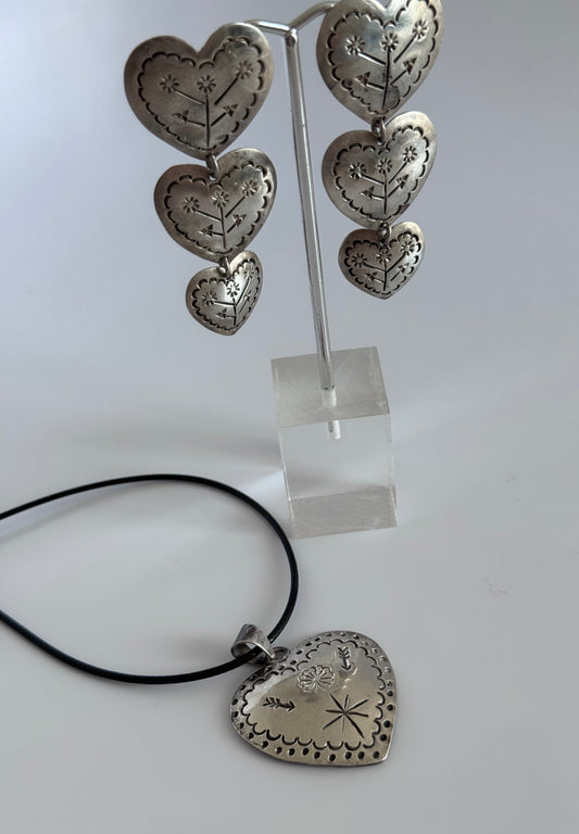 Estate Mexican sterling silver heart jewelry set with triple dangle earrings and matching pendant, hand-stamped folk designs, 925 hallmarks