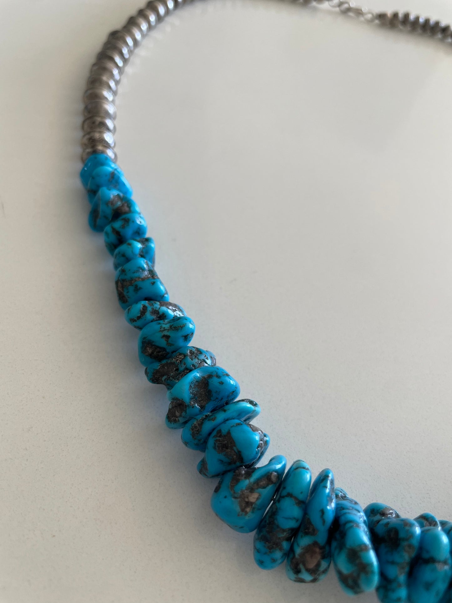 Turquoise Stone and Silver Bench Bead Necklace Navajo