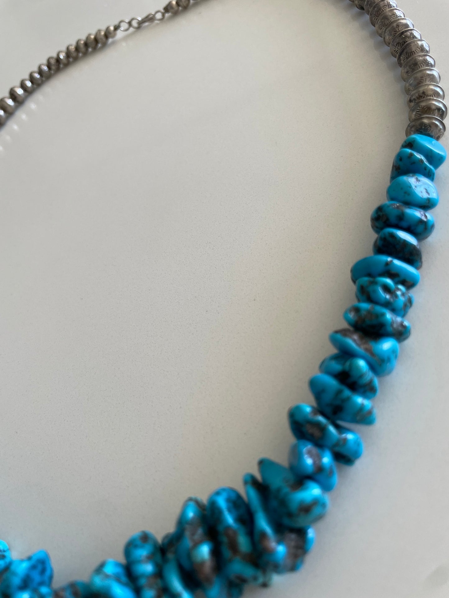 Turquoise Stone and Silver Bench Bead Necklace Navajo